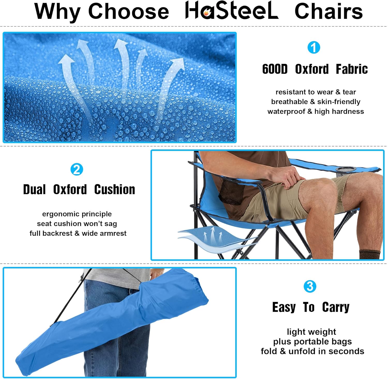 HaSteeL Juego de 2 sillas plegables de campamento, sillas de campamento plegables y bolsas de transporte para adultos, portátil para césped, al aire