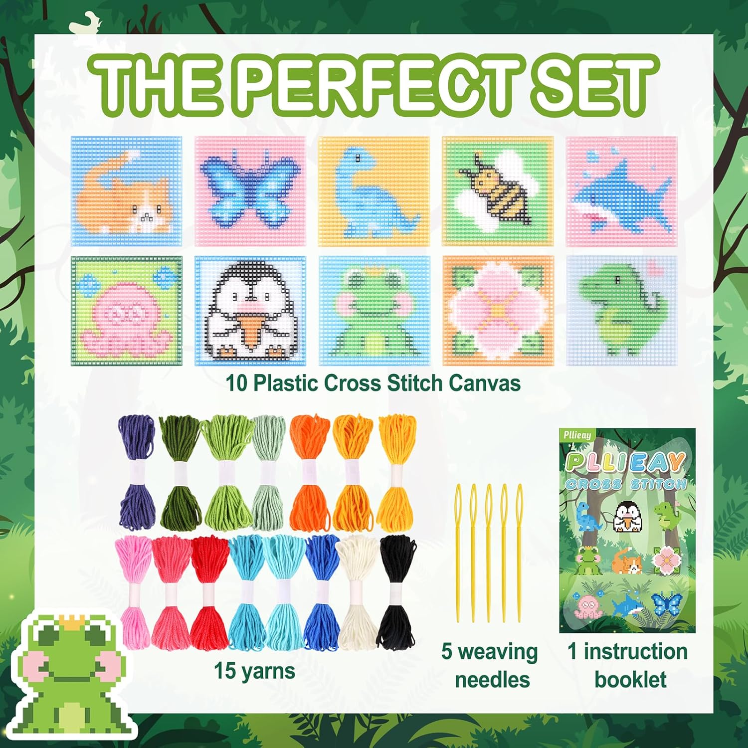 Pllieay Kit para principiantes de punto de cruz 10 en 1 para niños, kit de bordado incluye 10 piezas de lona de malla de plástico con patrón, 15