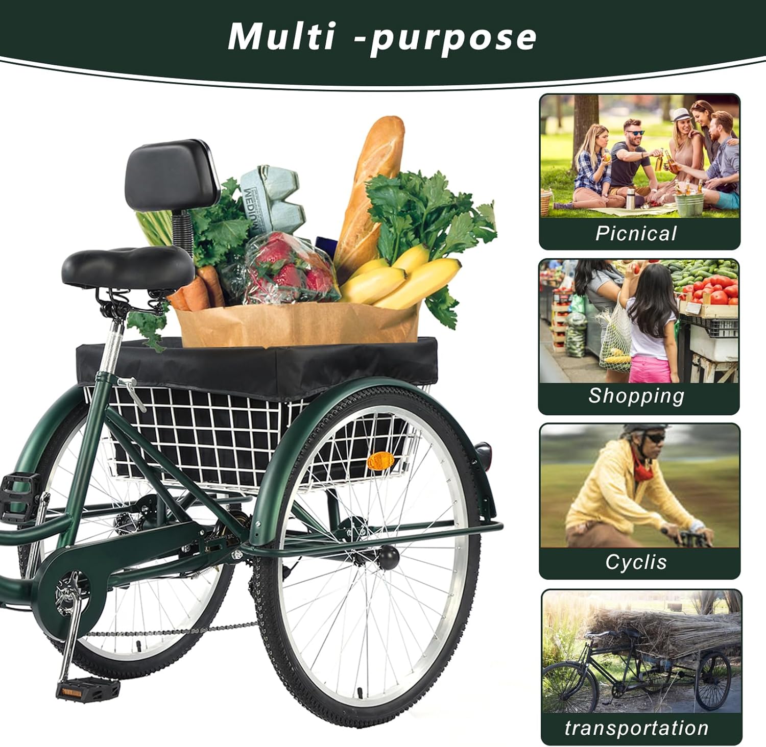 26 inch Adult Tricycle, 7 Speed 3 Wheel Bike for Women Men Seniors, Cruise Trike Bike with Shopping Basket & Lock, Adjustable Seat, Multiple Colors
