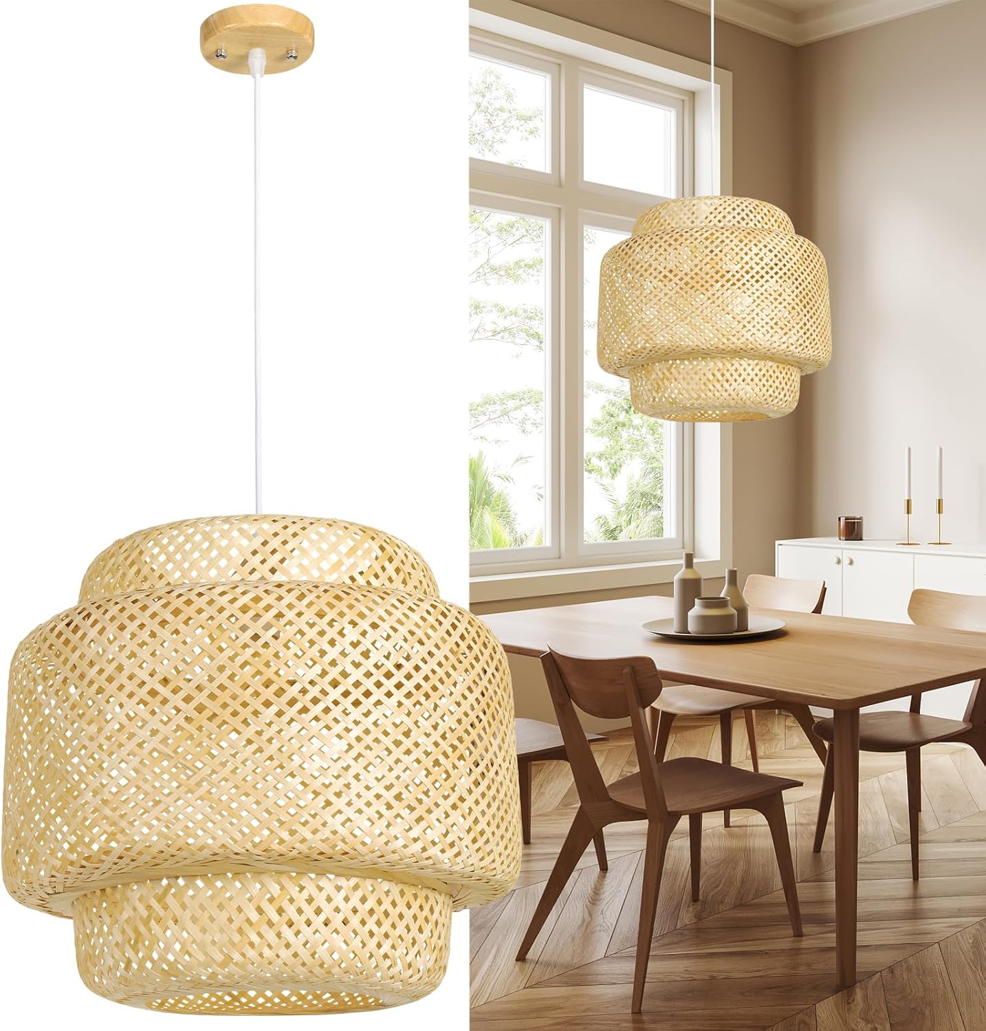 Lámpara colgante de bambú, lámpara colgante tejida a mano de 15.7 pulgadas, lámpara de techo bohemia, lámpara de ratán natural beige para cocina,