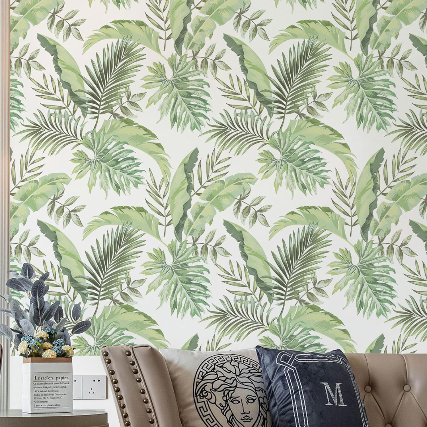 BaoHArtHome Papel tapiz de palmeras tropicales, papel de contacto extraíble, floral, hojas verdes, bohemio, fácil de despegar, autoadhesivo,