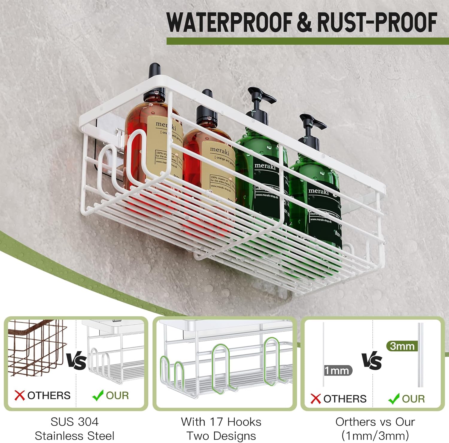 Uamector Estantes de ducha con fuerte adhesivo para ducha interior con 17 ganchos, organizador de pared para baño, baño, inodoro, cocina y
