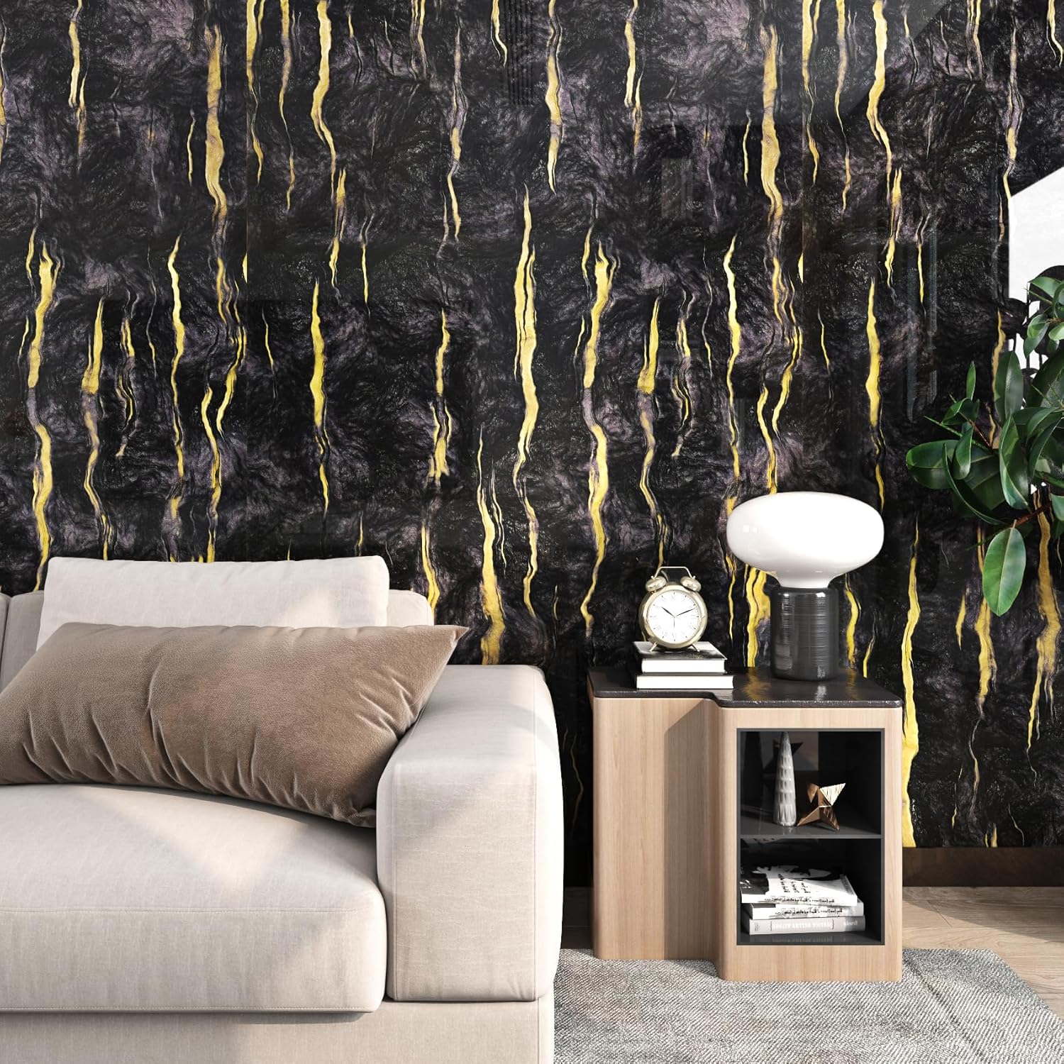 FunStick Papel adhesivo de mármol líquido negro para encimeras, papel tapiz impermeable de mármol negro y dorado, papel de encimera para cocina,