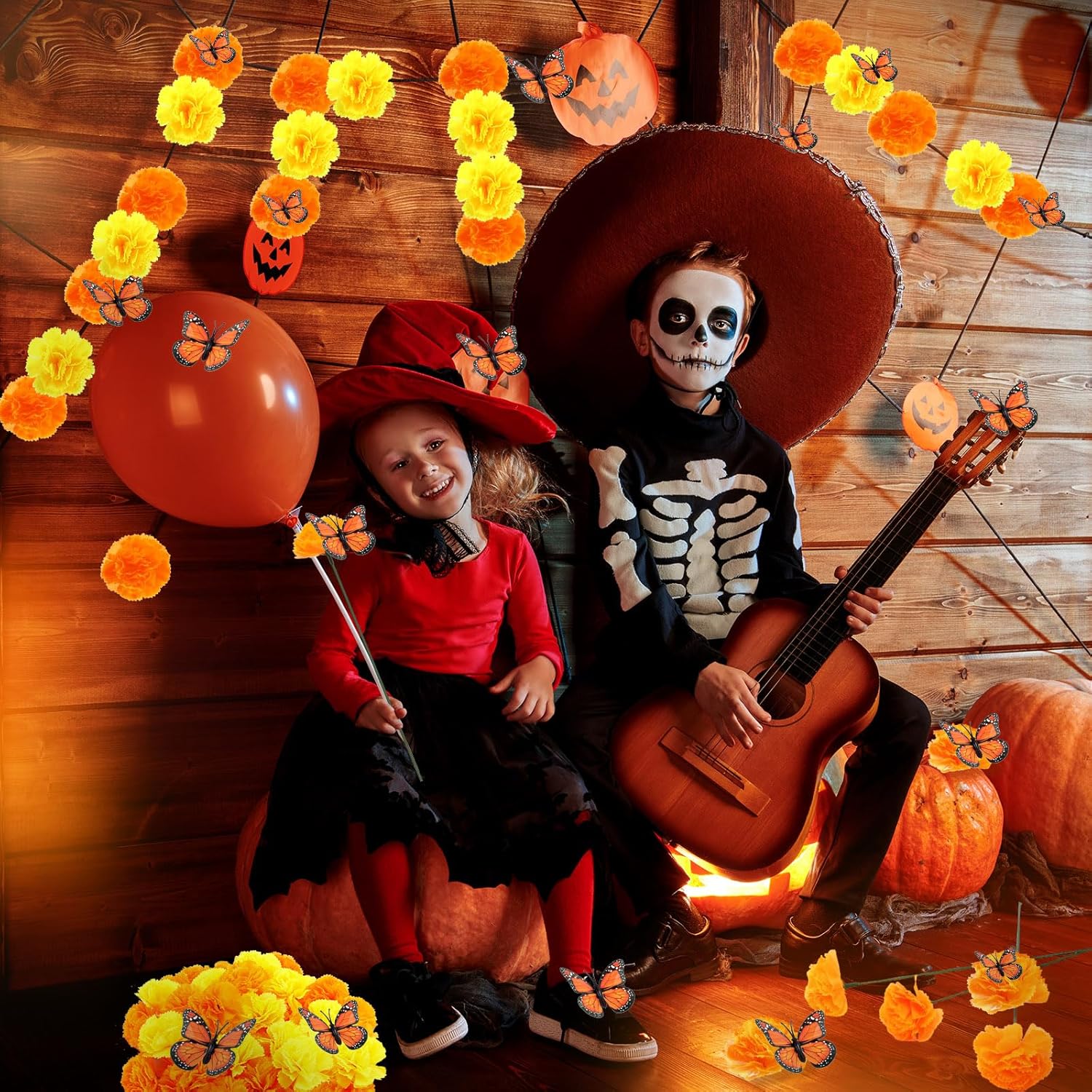 120 piezas de decoración del Día de los Muertos, flores artificiales de caléndula de seda con tallos, mariposas monarca falsas para Diwali Dia De