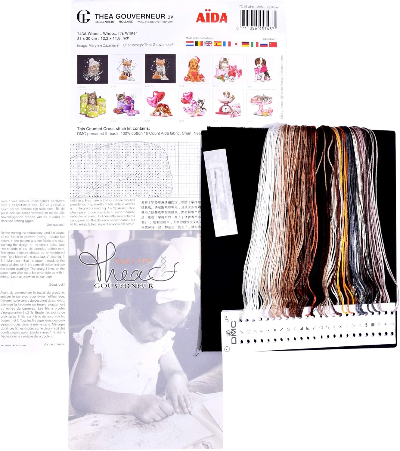 Thea Gouverneur – Kit de punto de cruz, Whoo..Whoo..It’s Winter – Aida Black – 16 unidades – Kit de bordado para adultos – Hilos de bordado DMC y