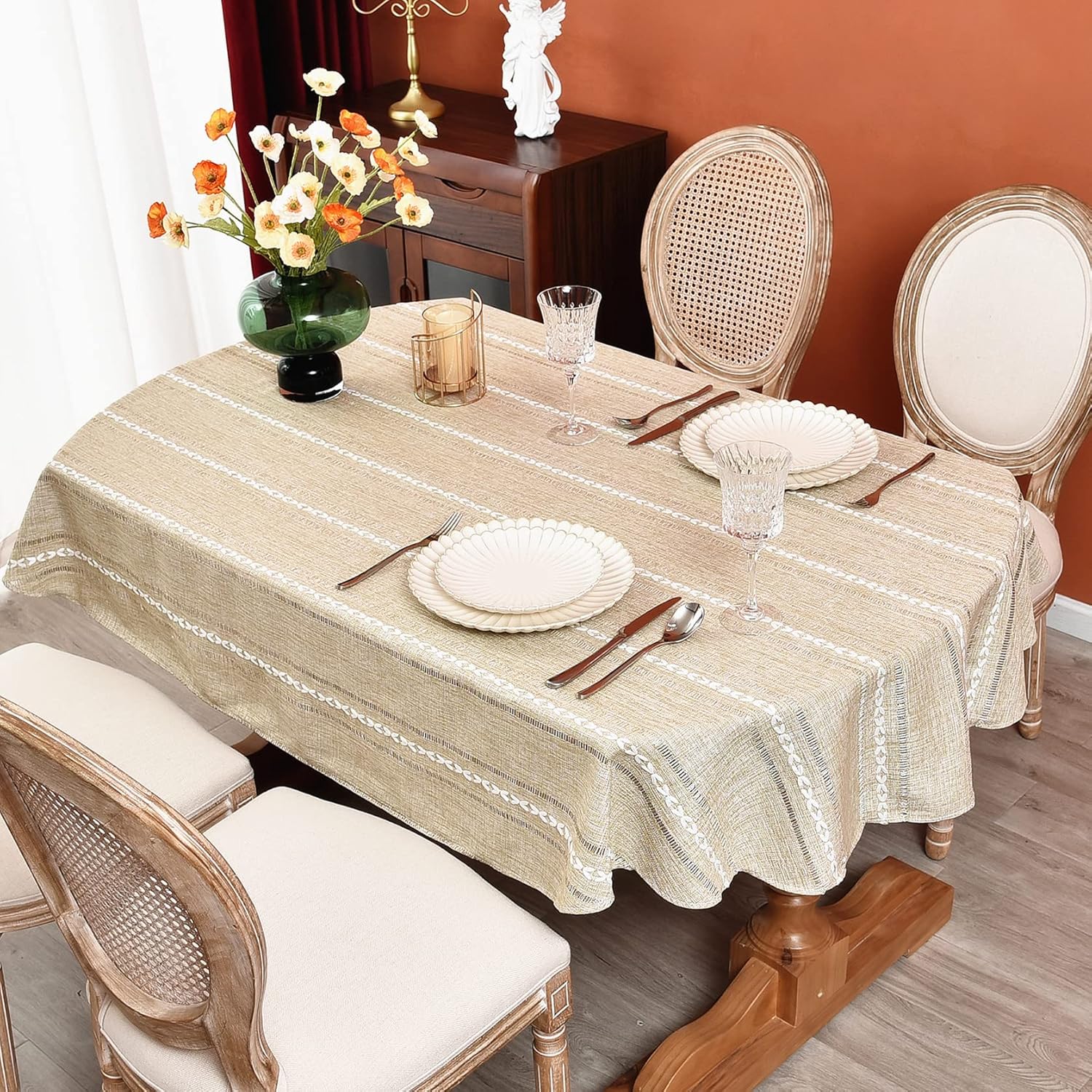 Mantel rústico ovalado de lino de algodón bordado, mantel de primavera para cocina, comedor, fiesta, mantel para mesas ovaladas, 54 x 72 pulgadas,