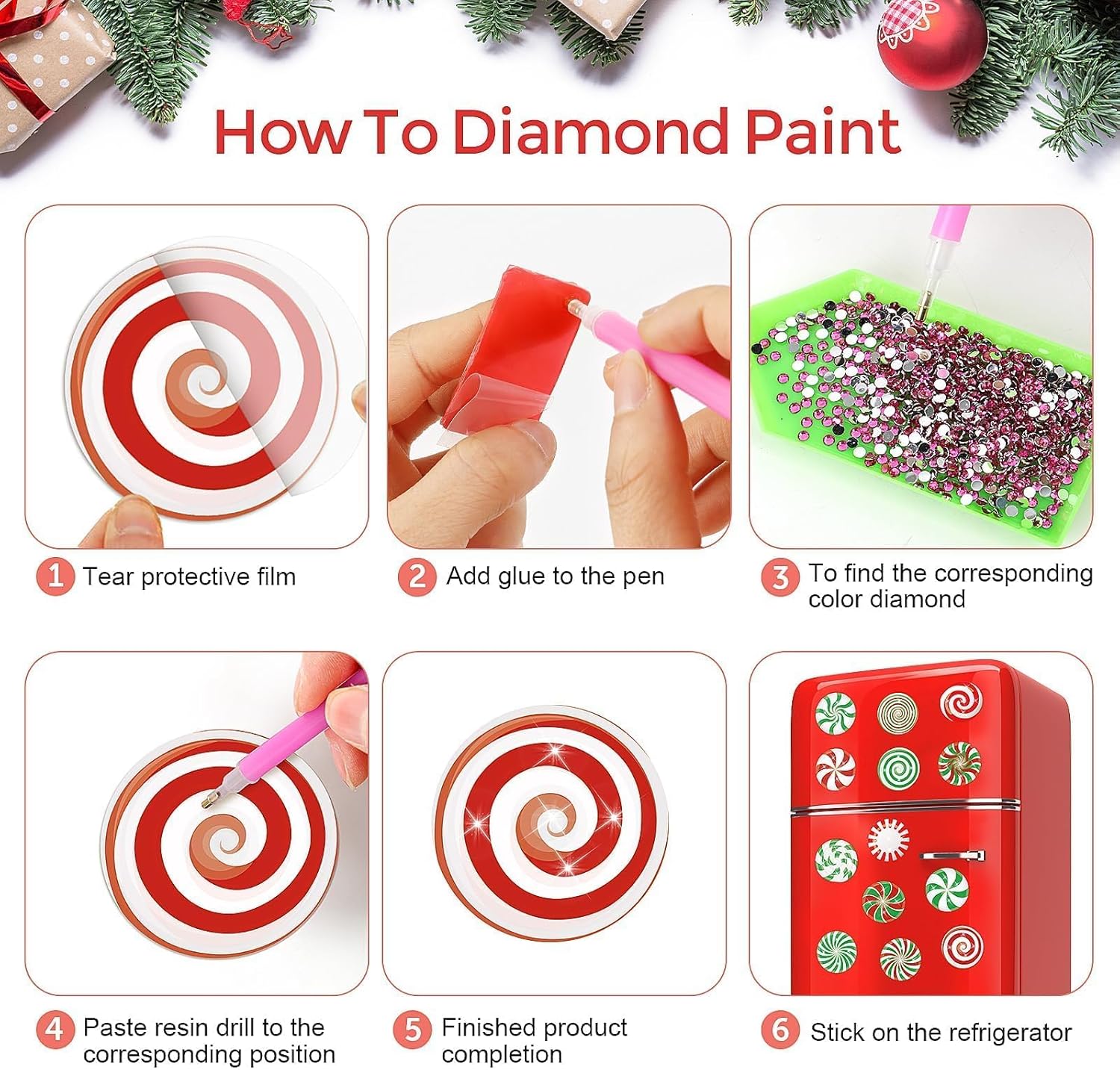 16 piezas de caramelo de Navidad de diamantes de pintura artística imán de nevera de caramelo de Navidad imán de nevera DIY pintura de diamantes kit