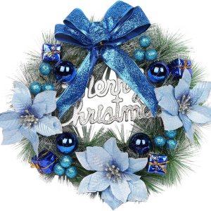 Corona de Navidad para puerta delantera con detalles azules, lazo para decoración de puerta delantera, 12 pulgadas, para pared exterior, interior, Corona de Navidad para puerta delantera con detalles azules, lazo para decoración de puerta delantera, 12 pulgadas, para pared exterior, interior,