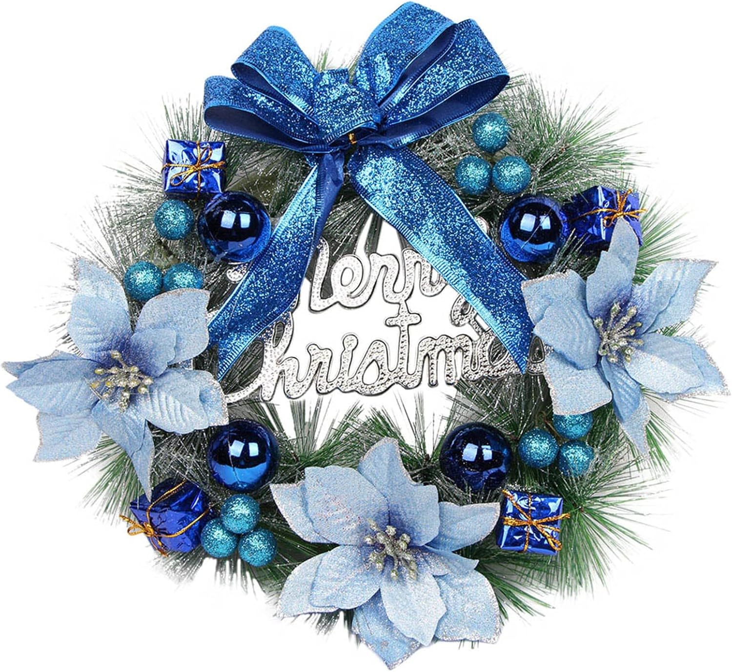 Corona de Navidad para puerta delantera con detalles azules, lazo para decoración de puerta delantera, 12 pulgadas, para pared exterior, interior,