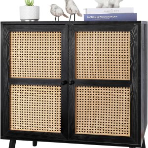 ZYBT Aparador de buffet, cómoda de ratán moderna de mediados de siglo, armario de almacenamiento de acento negro, mesa de consola de armario, ZYBT Aparador de buffet, cómoda de ratán moderna de mediados de siglo, armario de almacenamiento de acento negro, mesa de consola de armario,