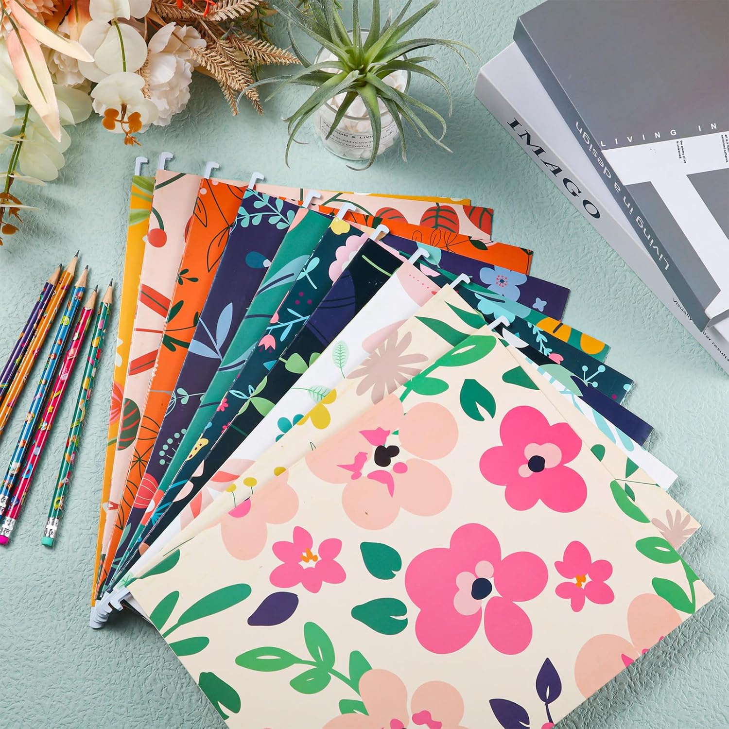 20 carpetas decorativas colgantes tamaño carta, bonitas carpetas de archivos de diseño, carpetas de archivos florales, organizador de carpetas de
