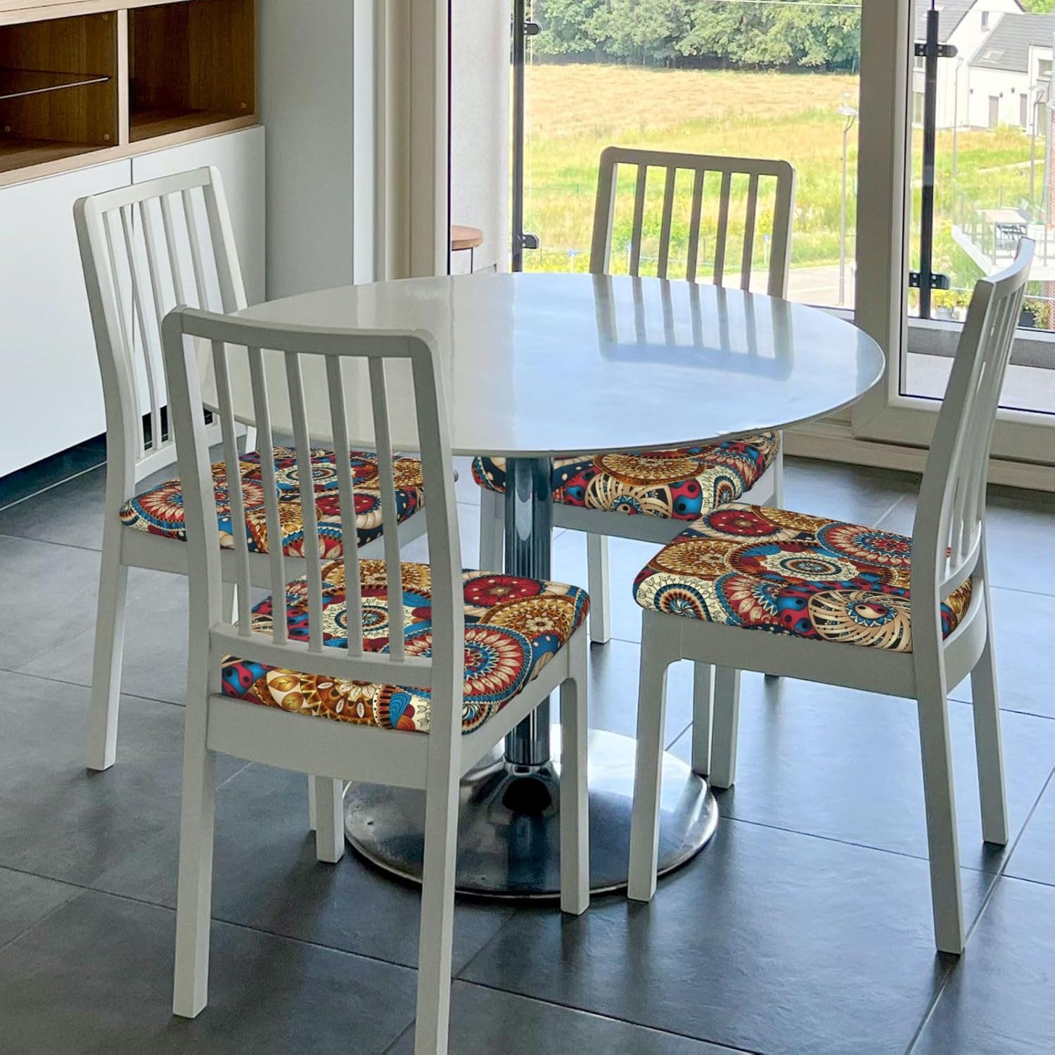 Fundas de cojín para sillas de comedor con diseño floral étnico de círculos, extraíbles y lavables, fundas reutilizables para sillas de comedor,