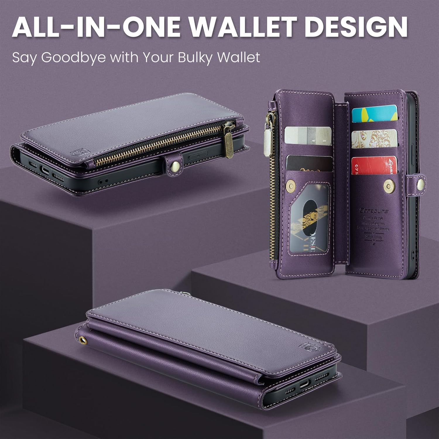Funda tipo cartera compatible con iPhone 13 con tarjetero, bloqueo RFID, cremallera, para iPhone 13, cartera y muñequera, de piel sintética,