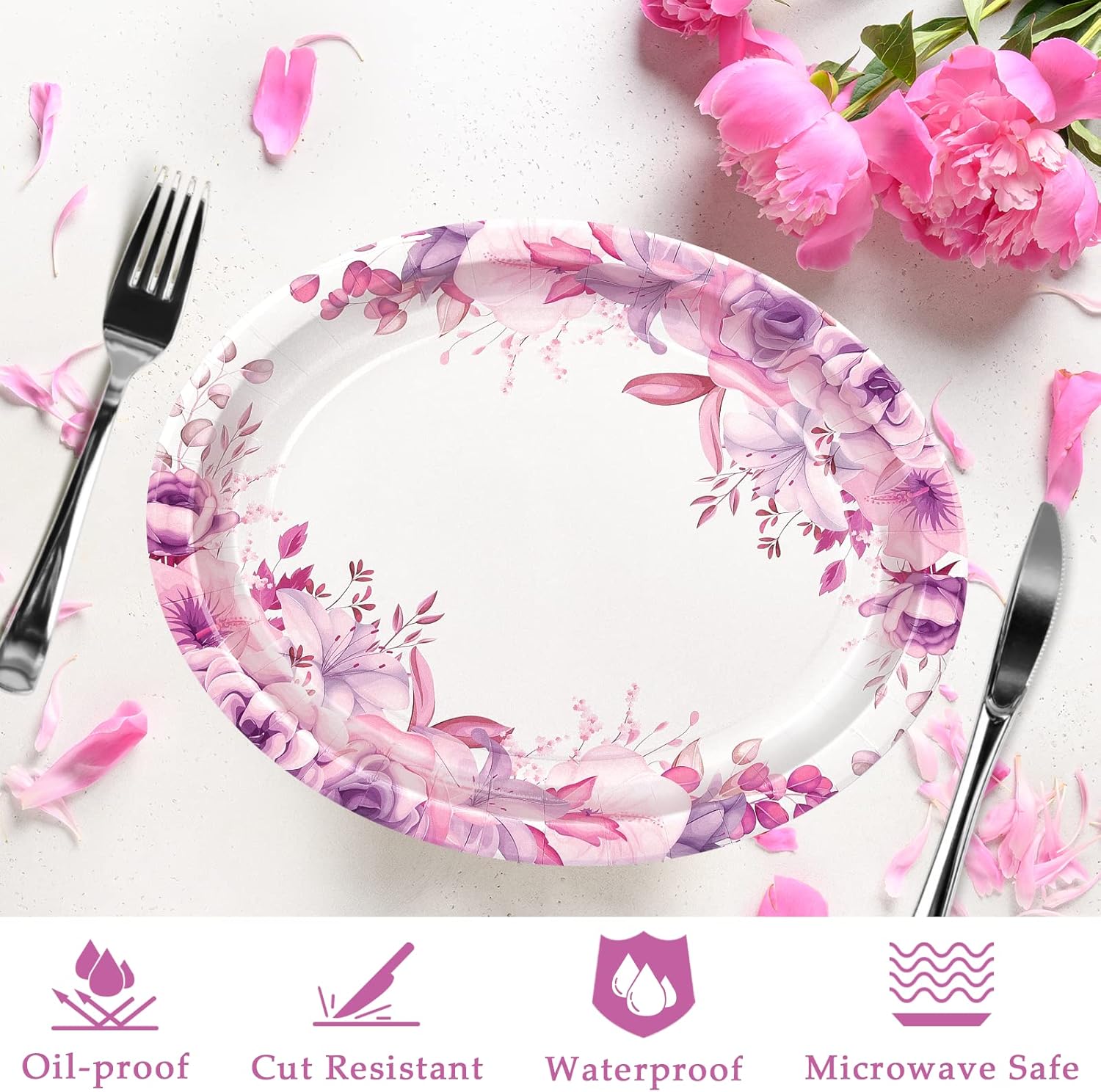 50 platos de papel para el Día de la Madre, suministros de fiesta de té floral de primavera, 12 x 10 pulgadas, platos desechables ovalados para