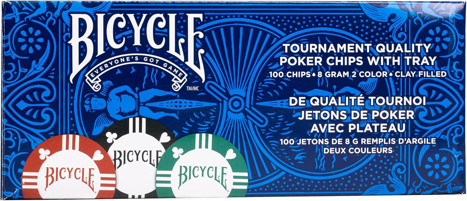 Bicycle Fichas de póquer de arcilla 8G, 100 unidades, con bandeja de casino, fichas de póquer rellenas de arcilla 8G prémium con bandeja de casino,
