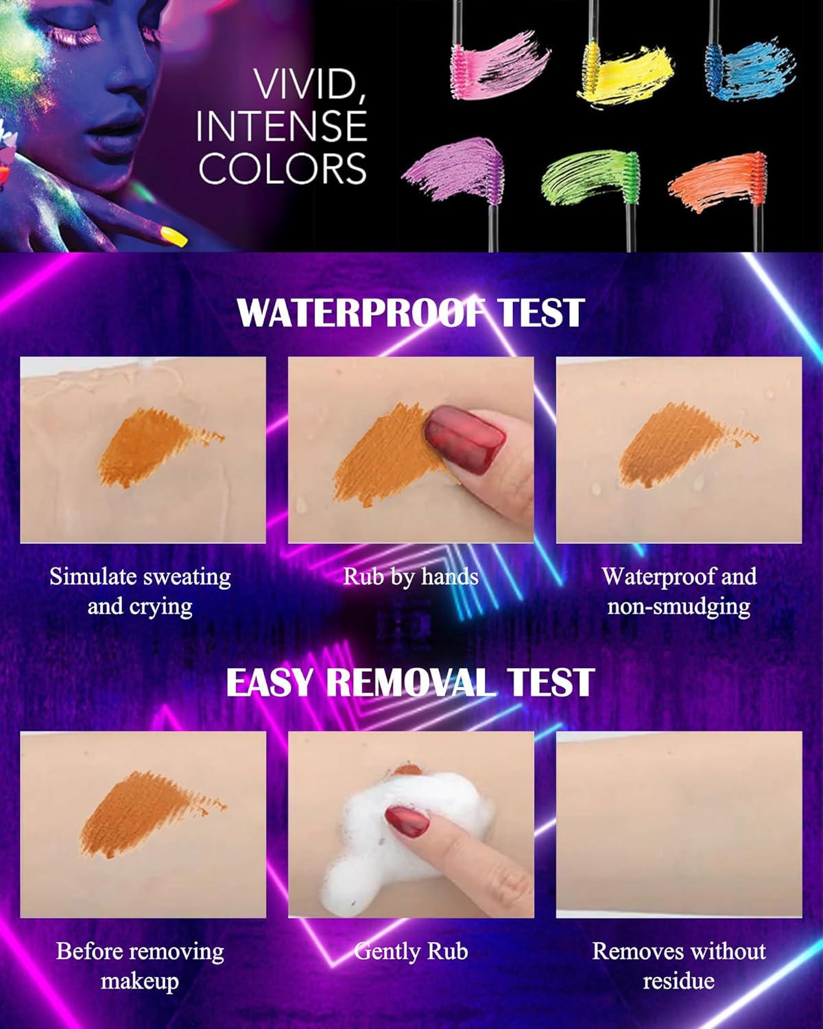 Máscara de pestañas de color con brillo UV, volumen y longitud, 1 máscara de pestañas rosa impermeable para pestañas, máscara de secado rápido sin