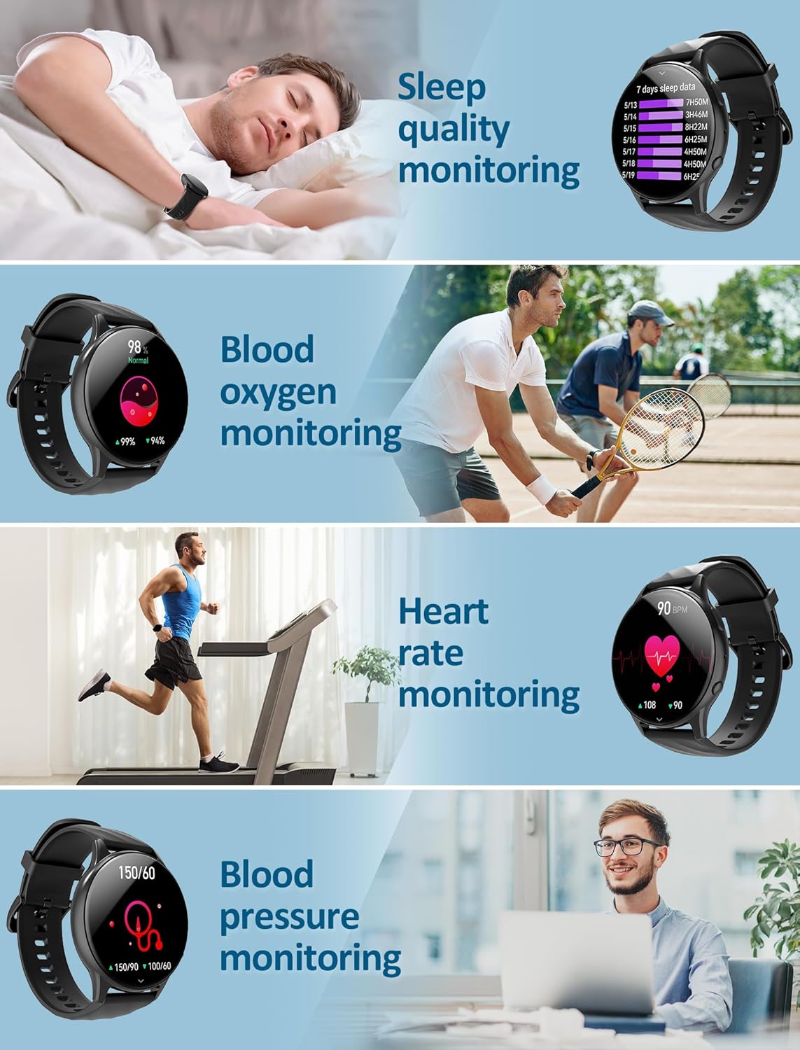 Reloj inteligente para hombres y mujeres con pantalla táctil, reloj inteligente con asistente de voz y recordatorios de mensajes, rastreador de