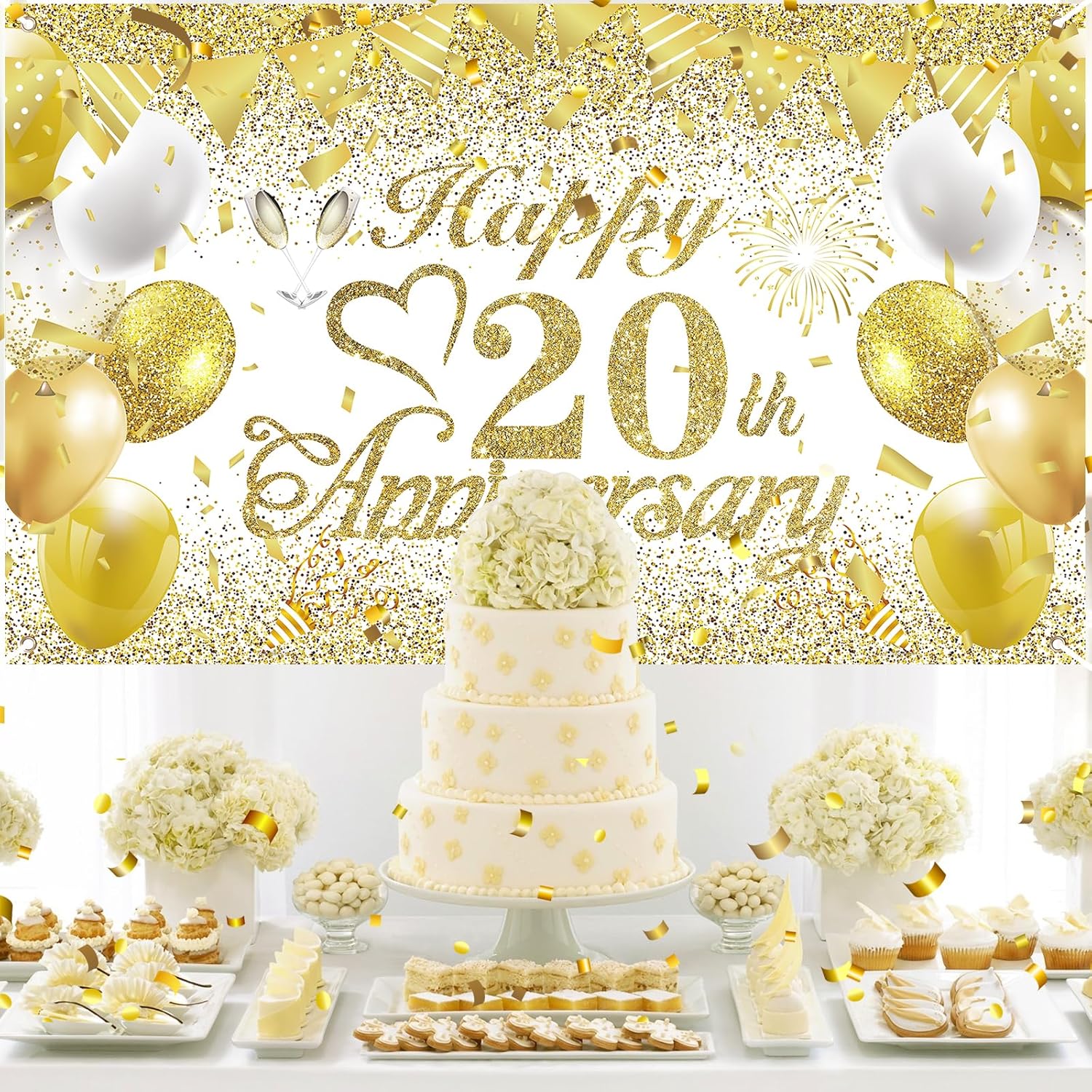 Rumia Decoraciones del 20 aniversario  Cartel de feliz boda de oro blanco, 72.8 x 43.3 pulgadas