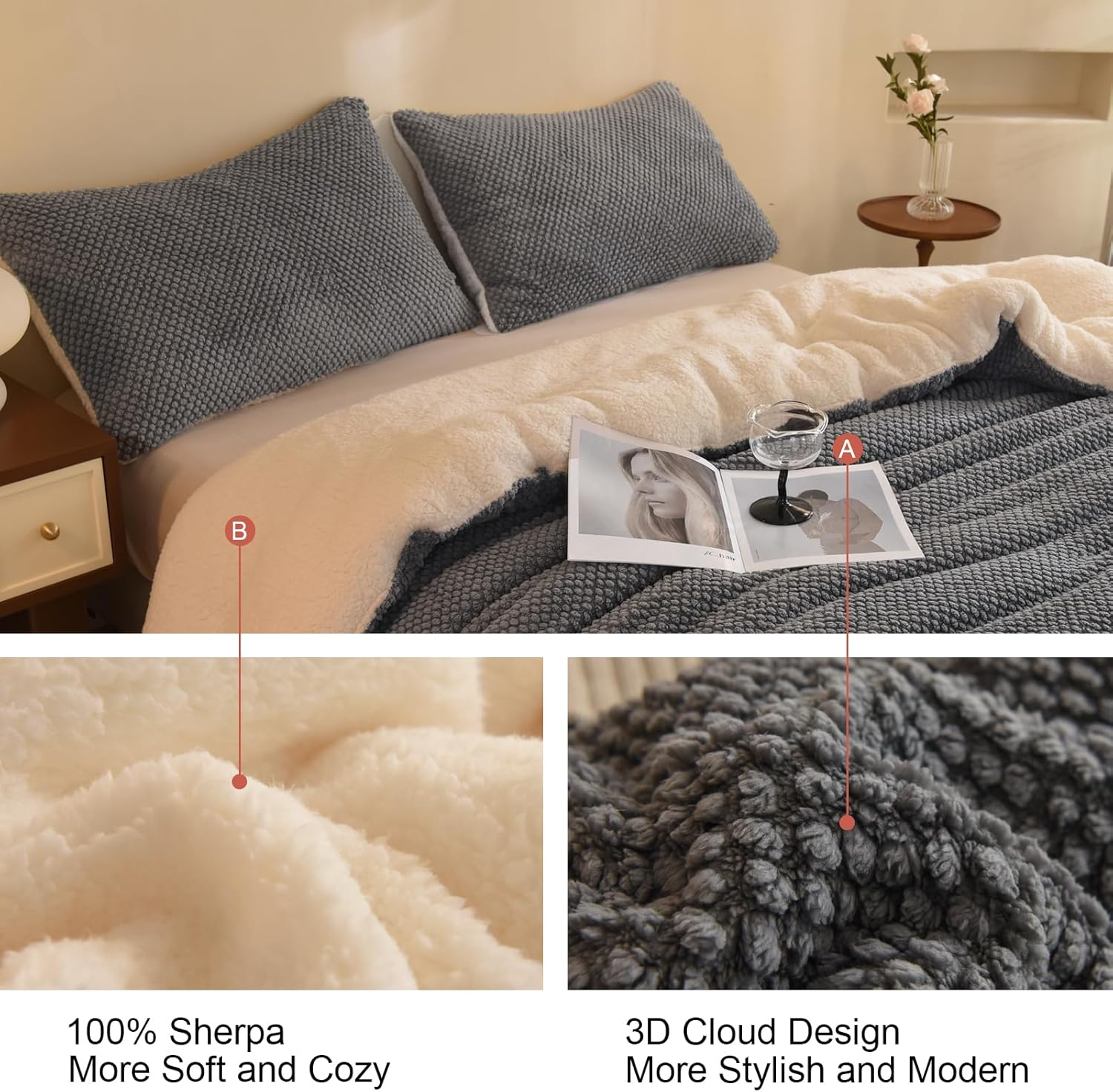 Juego de edredón de diseño jacquard 3D, ultra suave, cálido, tamaño Queen, felpa de piel sherpa, juego de 3 piezas, ropa de cama acogedora de lujo