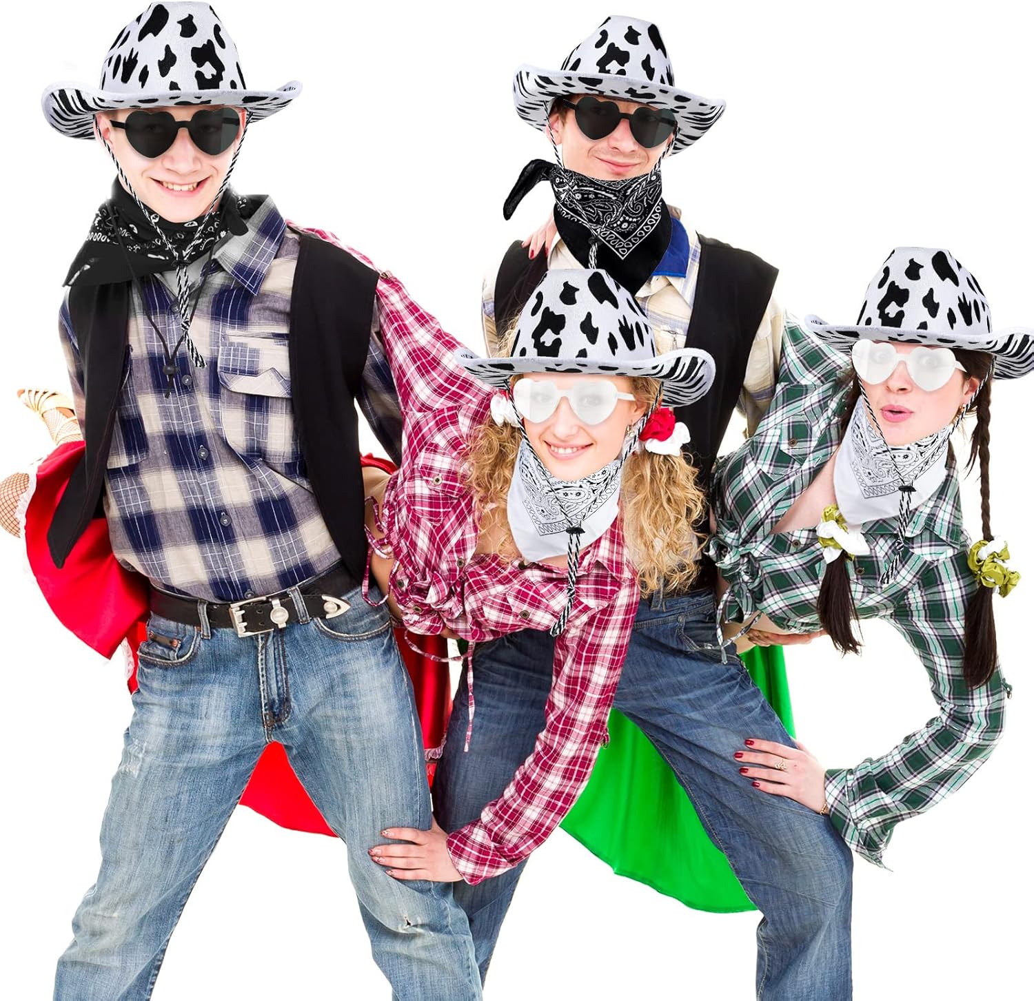 SATINIOR 9 unidades de sombrero de vaquero con estampado de vaca rosa, gafas en forma de corazón, pañuelos de vaquero de cachemira, sombrero de