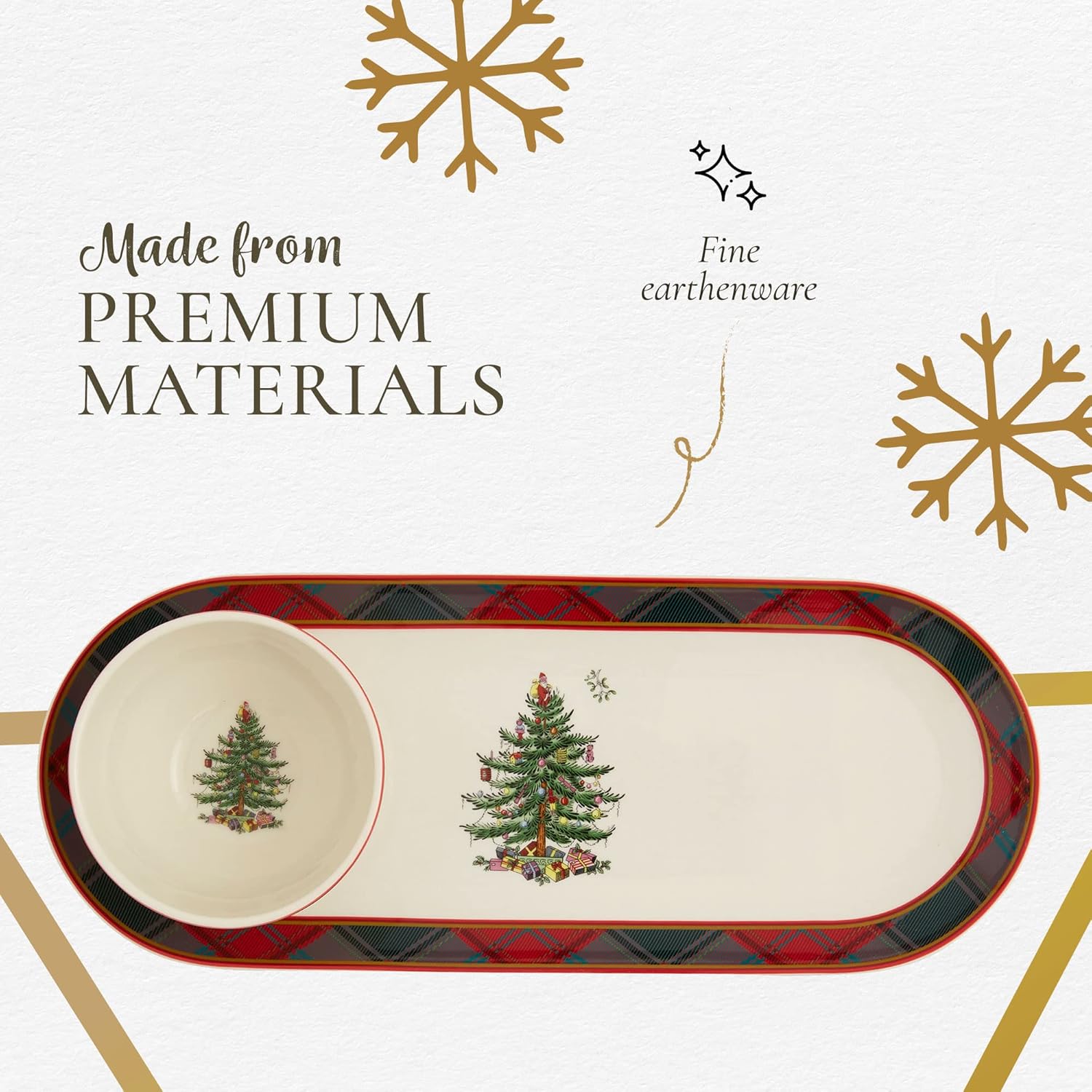 Spode Colección de árbol de Navidad  Tartán de 2 piezas para astillas y salsas, mide 13 pulgadas, hecho de loza fina, para salsas y aperitivos, apto