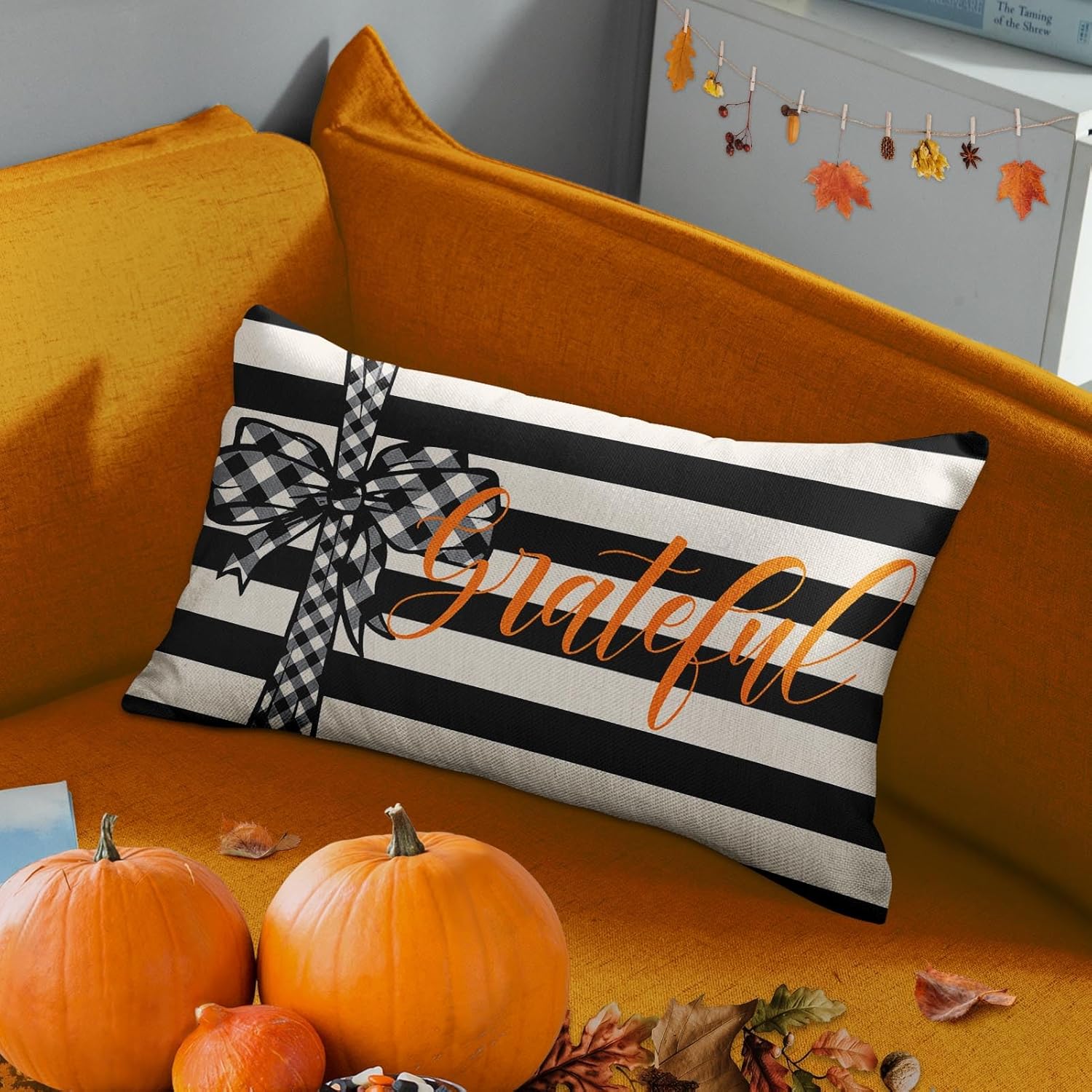 Funda de almohada de otoño con lazo a rayas blancas y negras, decoración de casa de campo, rectangular, de lino, para el hogar, 12 x 20 pulgadas