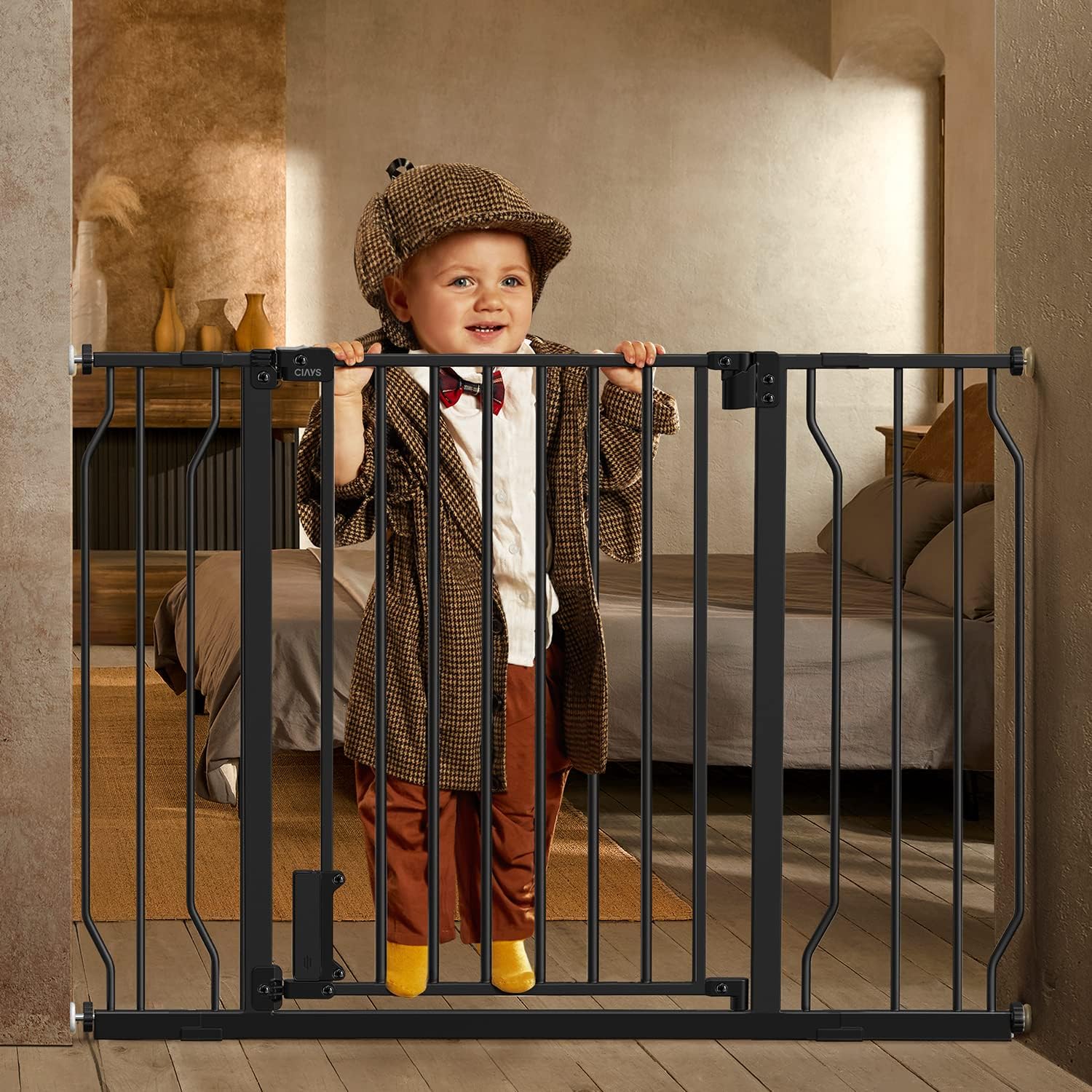 Puerta de bebé de 29.5 a 45.3 pulgadas para escaleras, puertas y casa, puerta de seguridad extra ancha de cierre automático para mascotas con alarma