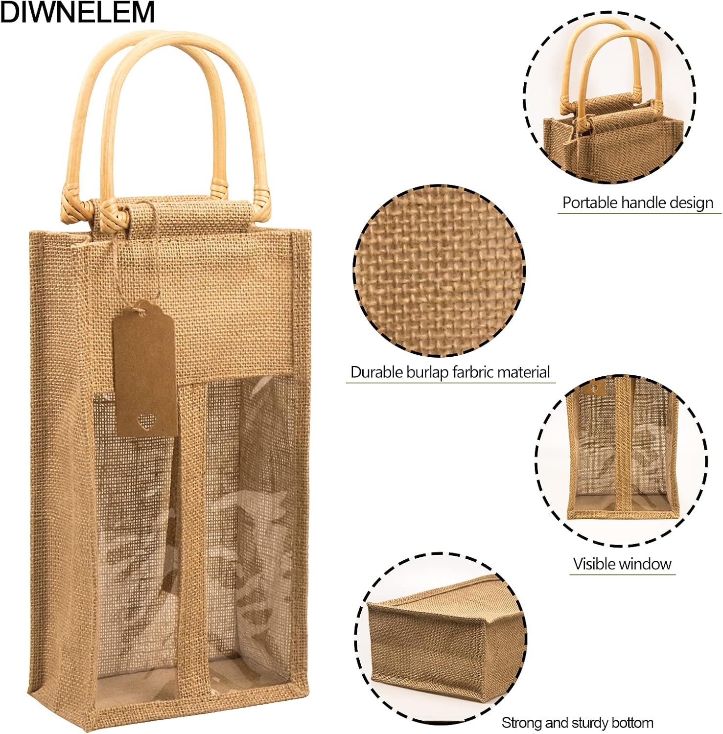 DIWNELEM Paquete de 2 bolsas de regalo de vino de arpillera con ventana, bolsas de vino de yute con calcomanías, bolsas de arpillera para botellas