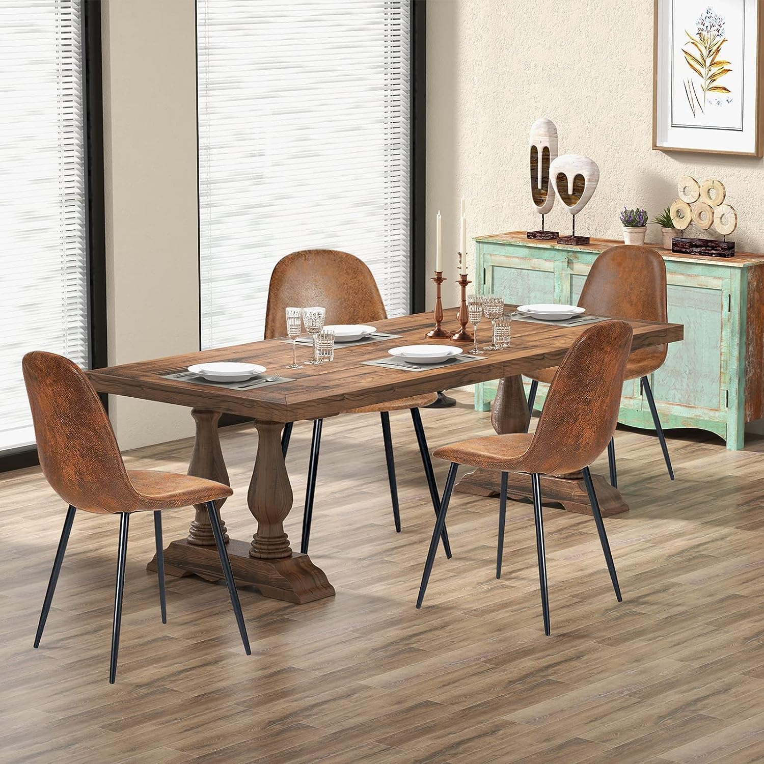 Relyblo Juego de 4 sillas de comedor de piel sintética, tapizadas de mediados de siglo, moderna sin brazos, sala de estar con patas de metal para