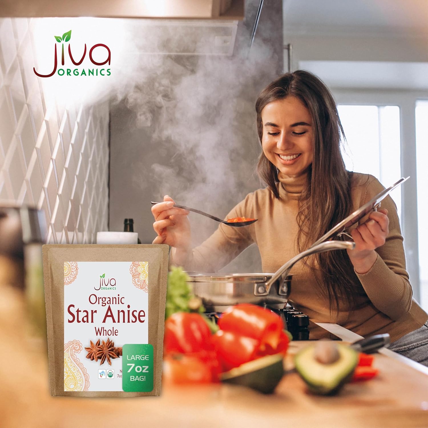 Jiva – Bolsa jumbo de anís estrellado orgánico de 7 onzas, sin OMG, no irradiada, especias puras de la India, Staranise