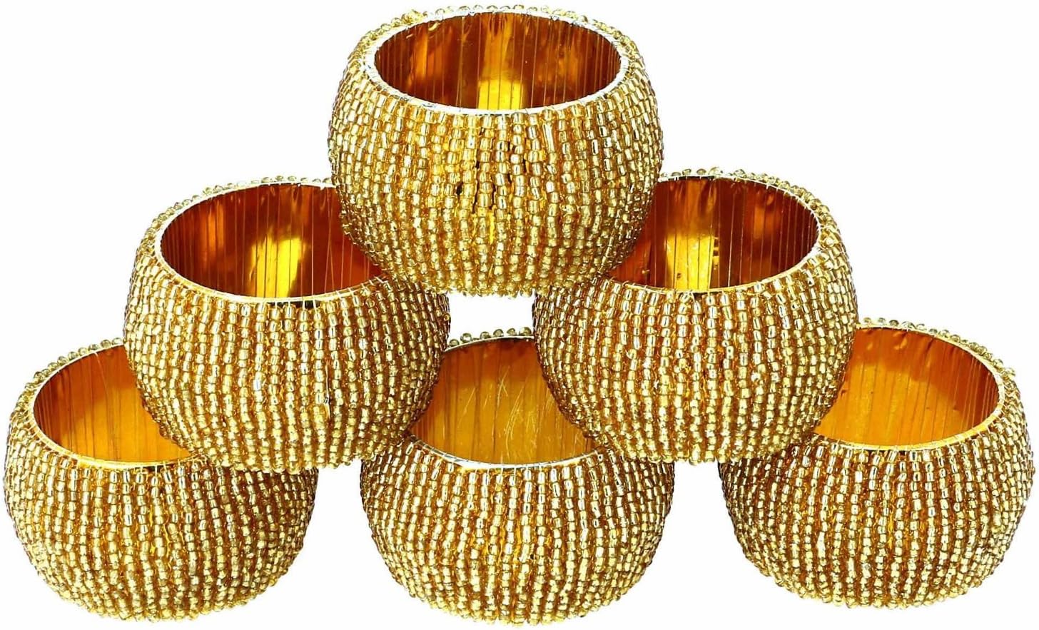 Prisha India Craft  Juego de 6 servilleteros con cuentas, adornos dorados de Navidad, perfectos para cenas, fiestas, bodas, hechos a mano en la