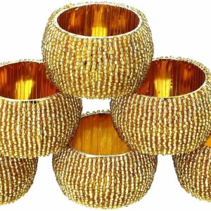 Prisha India Craft Juego de 6 servilleteros con cuentas, adornos dorados de Navidad, perfectos para cenas, fiestas, bodas, hechos a mano en la Prisha India Craft Juego de 6 servilleteros con cuentas, adornos dorados de Navidad, perfectos para cenas, fiestas, bodas, hechos a mano en la
