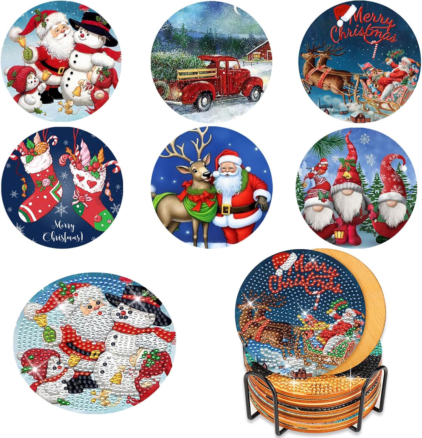 Juego de 6 posavasos de arte de diamantes de Navidad, posavasos de pintura de diamantes de Navidad con soporte 5D para principiantes, adultos y niños