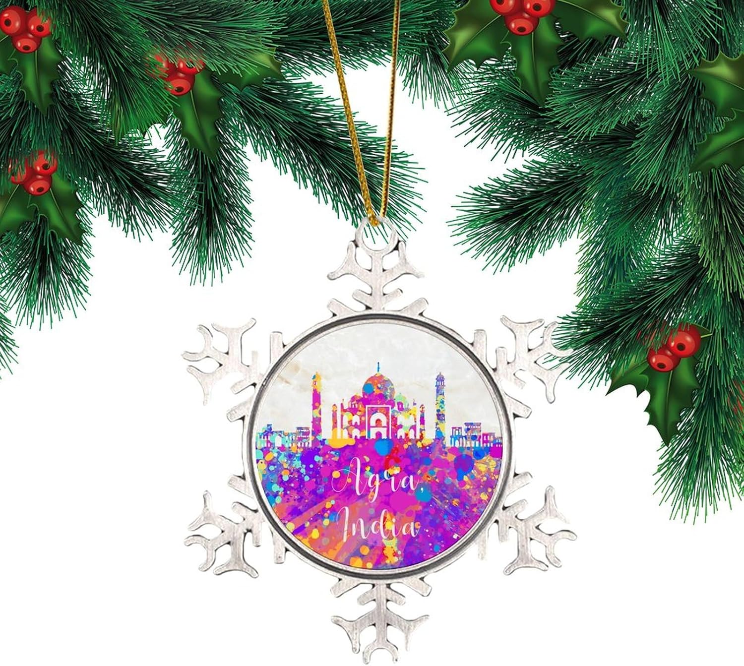 India Agra – Adornos de copo de nieve blanco con orgullo estatal, adorno patriótico de copo de nieve de metal, decoración de árbol de Navidad,