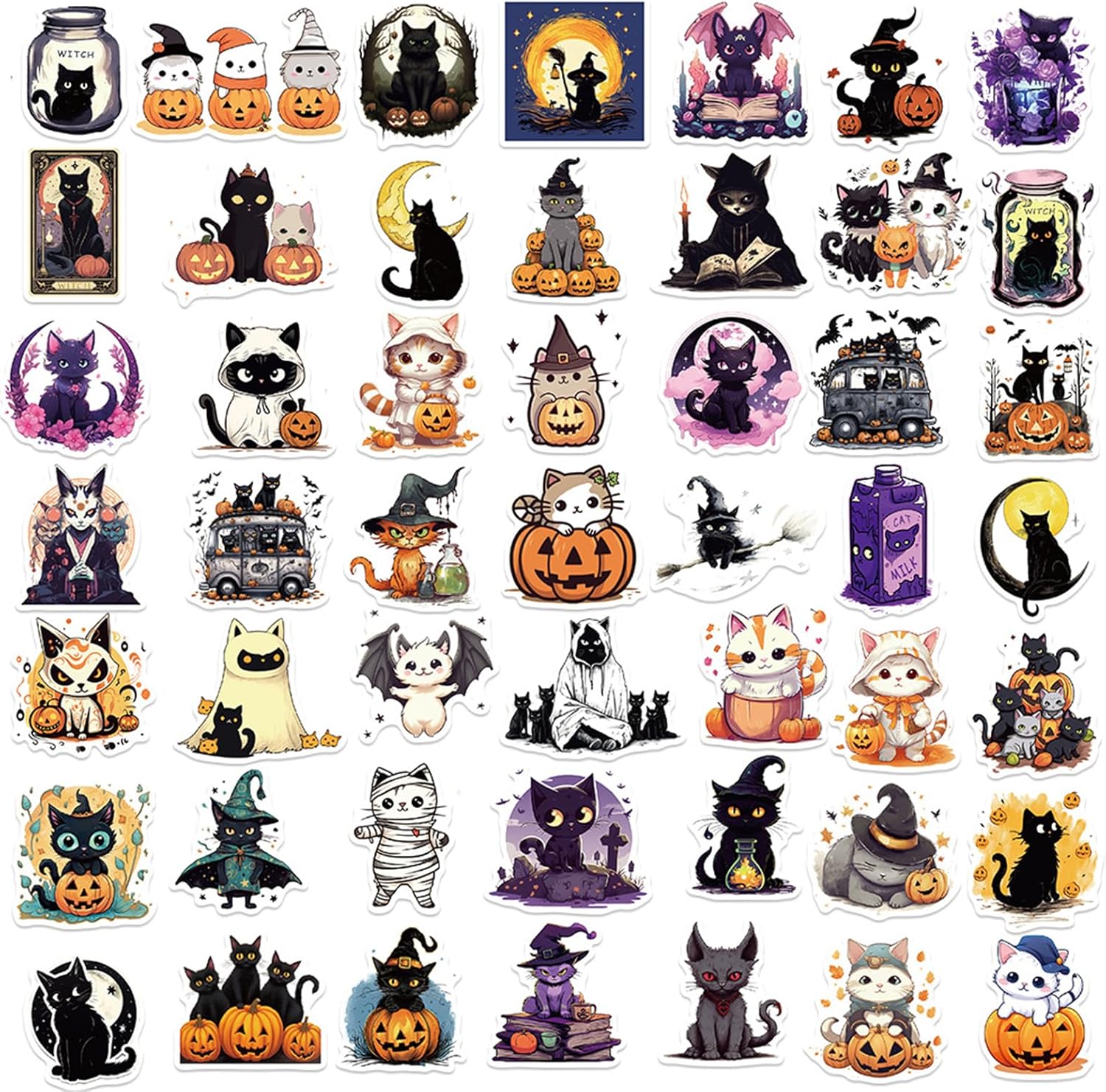 Calcomanías de gatos negros, 50 unidades Kawaii divertidas calcomanías de juguete de gatos de Halloween para libros, grafiti, calcomanías de vinilo