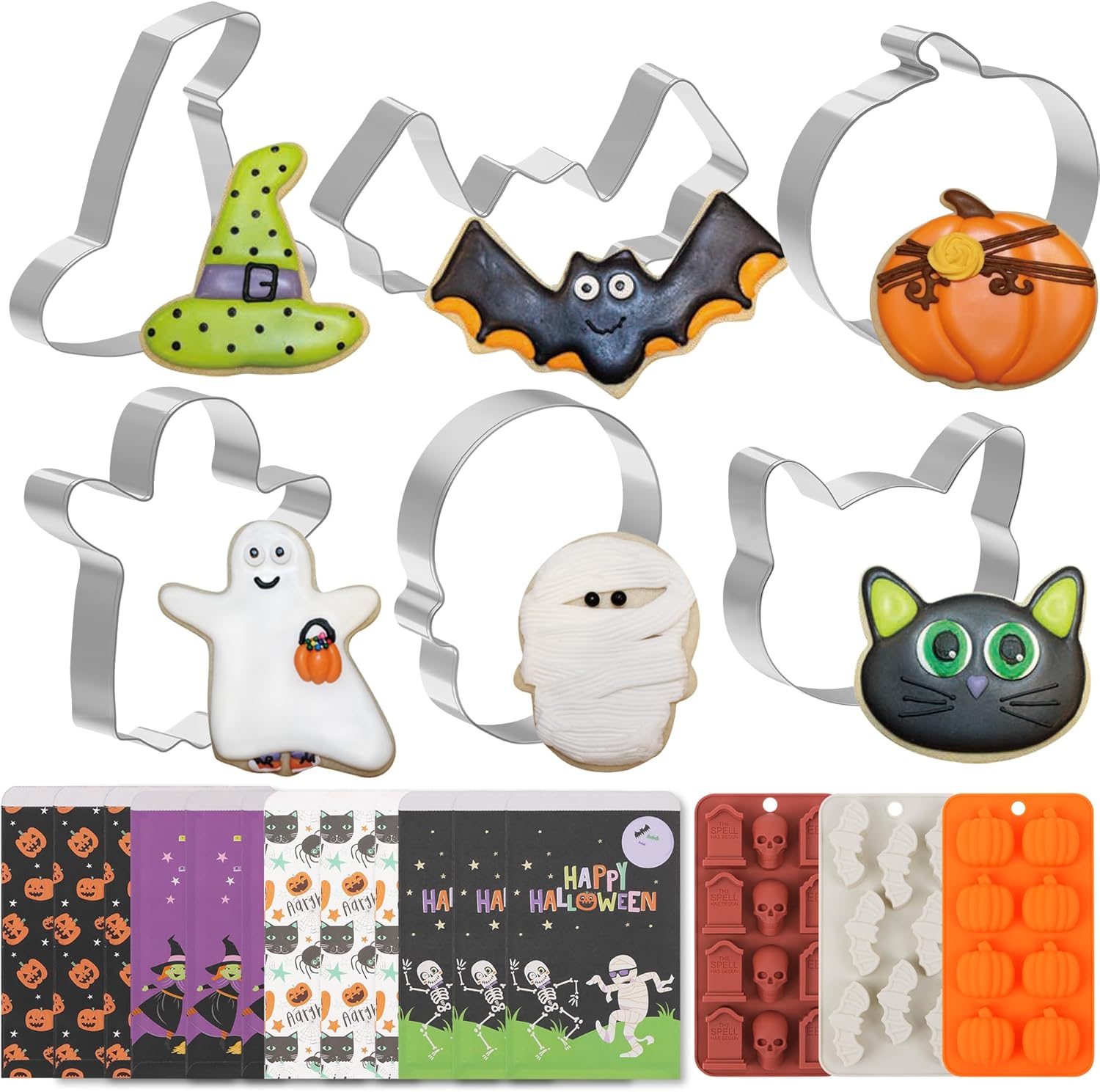 21 cortadores de galletas de Halloween, kit de fabricación de moldes de silicona de calavera de Halloween, juego de hornear de Halloween,