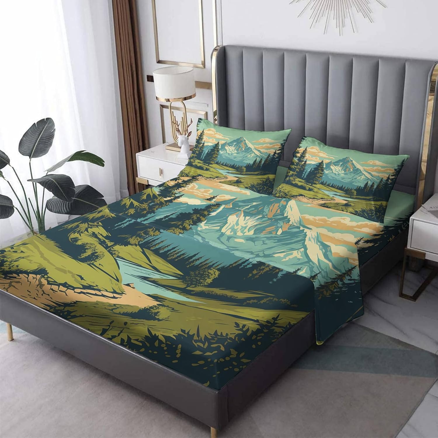 Nature Sheets – Juego de sábanas de 4 piezas con patrón de paisaje de montaña, sábanas y fundas de almohada estampadas, sábana bajera ajustable de