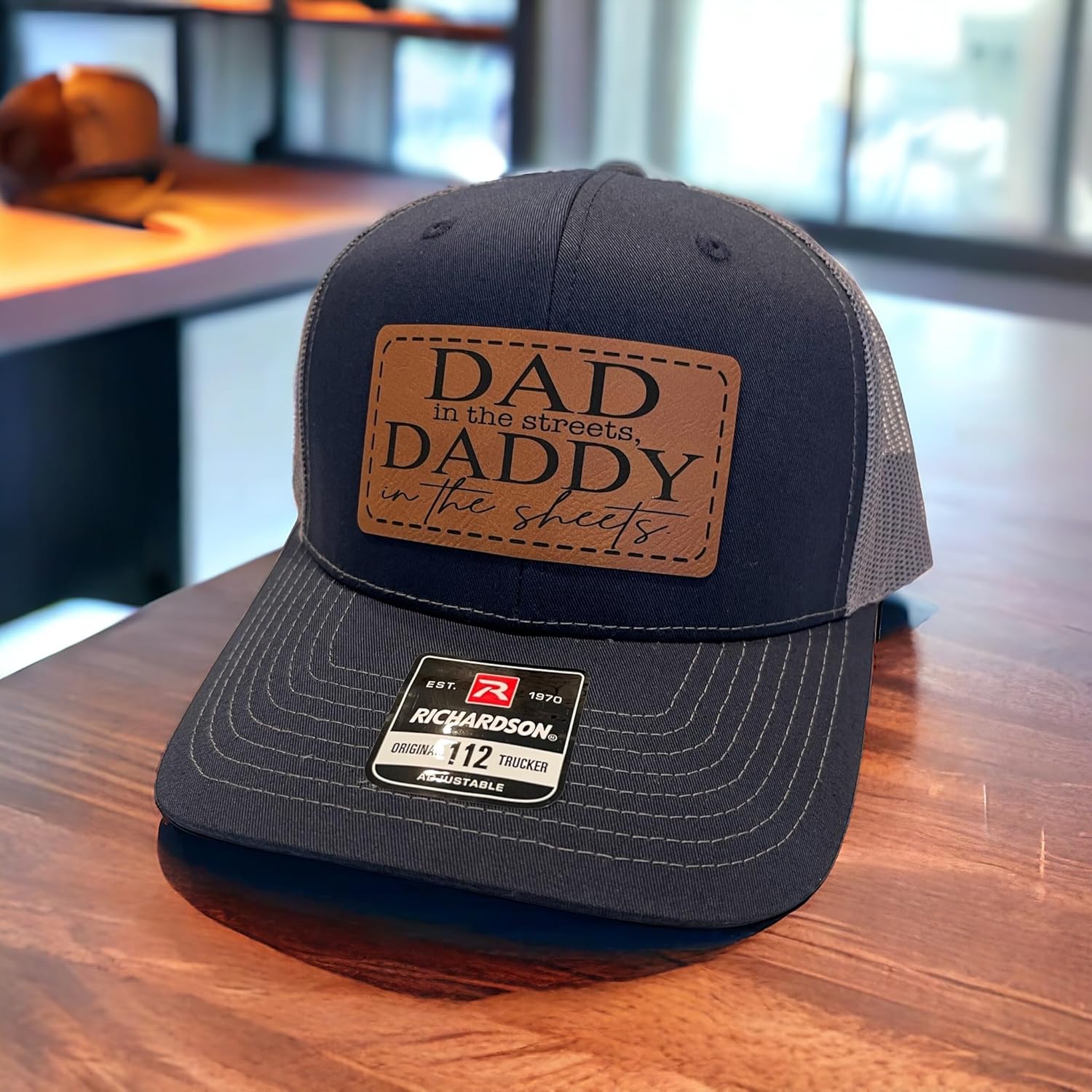 Dad In The Streets Daddy In The Sheets Hat Mens Funny Dad Baseball Cap (NavyCharcoal with Rawhide Patch)