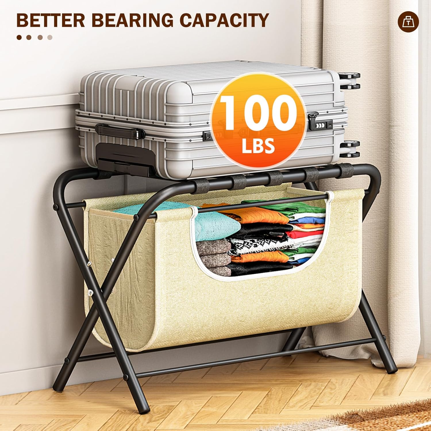 Paquete de 2 portaequipajes con bolsa de lavandería, soportes plegables para maleta para habitación de invitados, estante de equipaje con cinturones