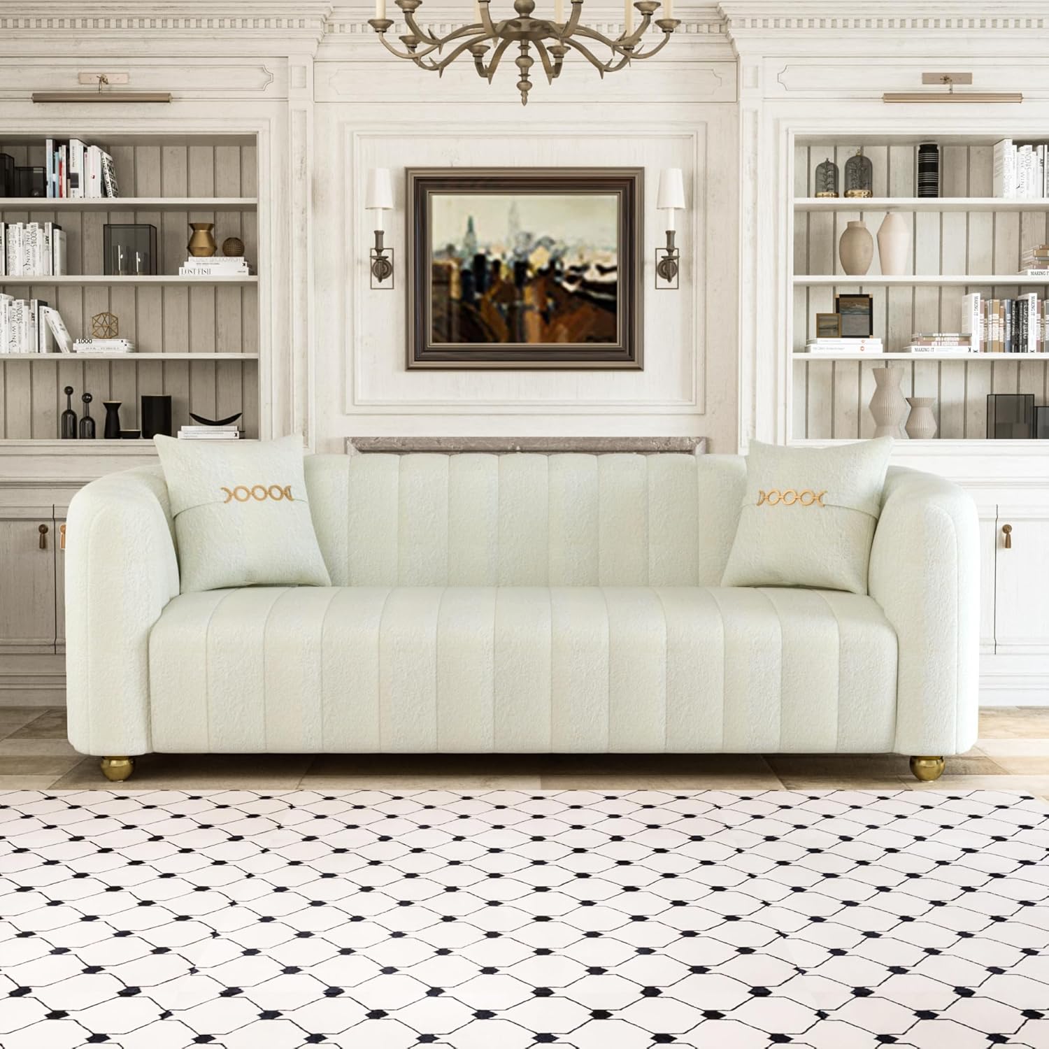 Chesterfield – Sofá tapizado de lana de cordero de 83 pulgadas, moderno de mediados de siglo, sofá tapizado para 3 personas con 2 almohadas, patas