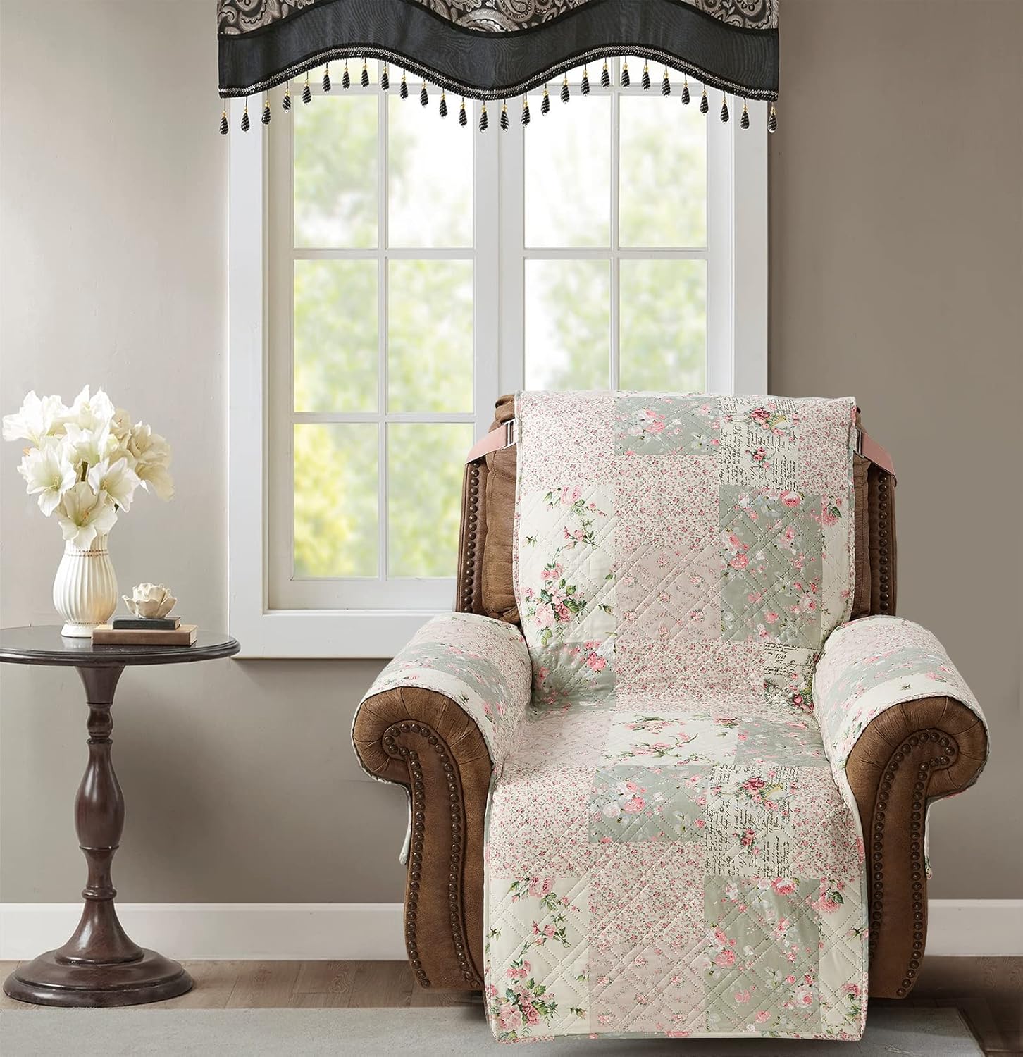 Brilliant Sunshine Funda reclinable acolchada tradicional de rosa y salvia, 26 pulgadas de ancho de asiento, protector de muebles antideslizante,