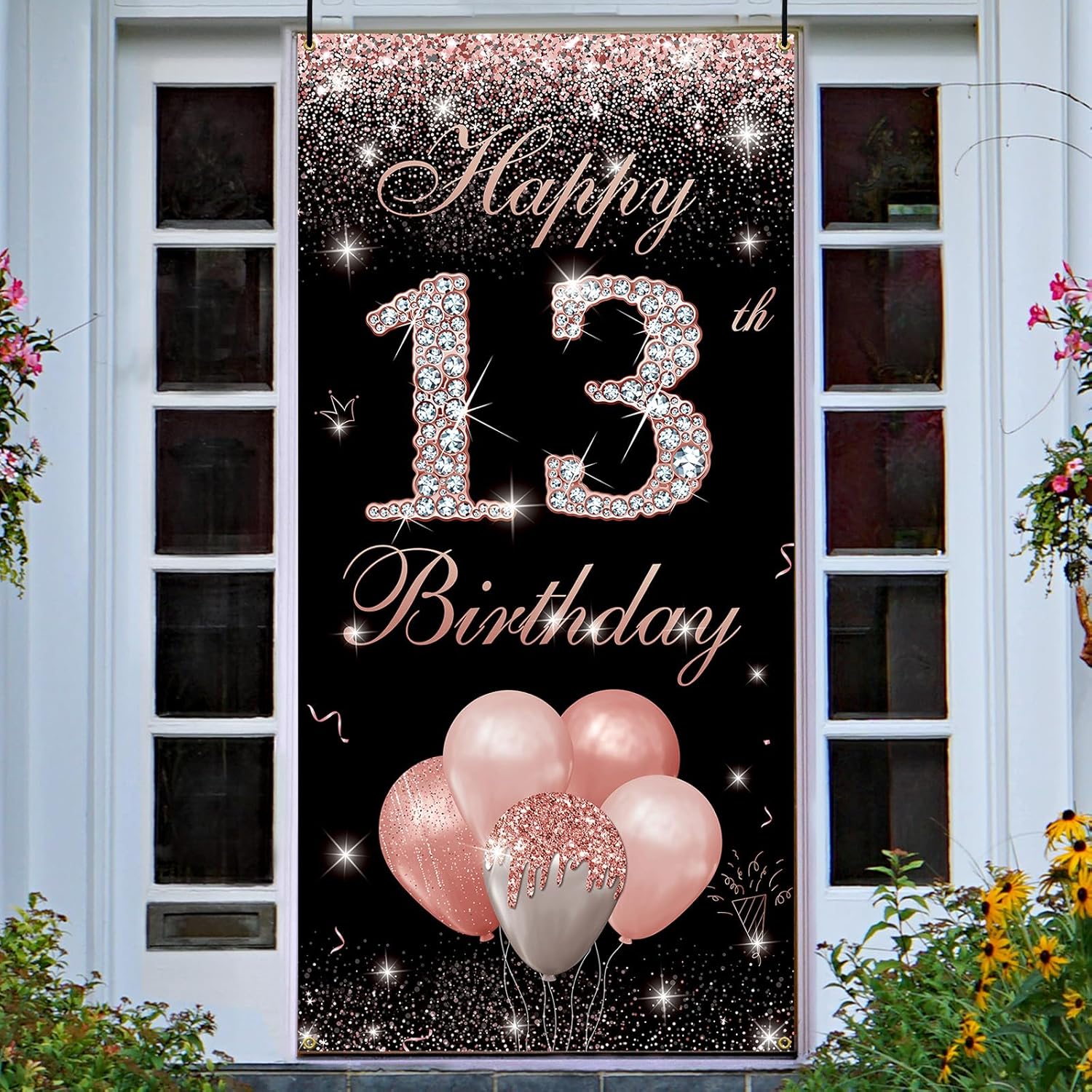 Cartel de telón de fondo para puerta de cumpleaños número 13, color oro rosa, decoración de feliz cumpleaños número 13 para niñas, cartel de tela