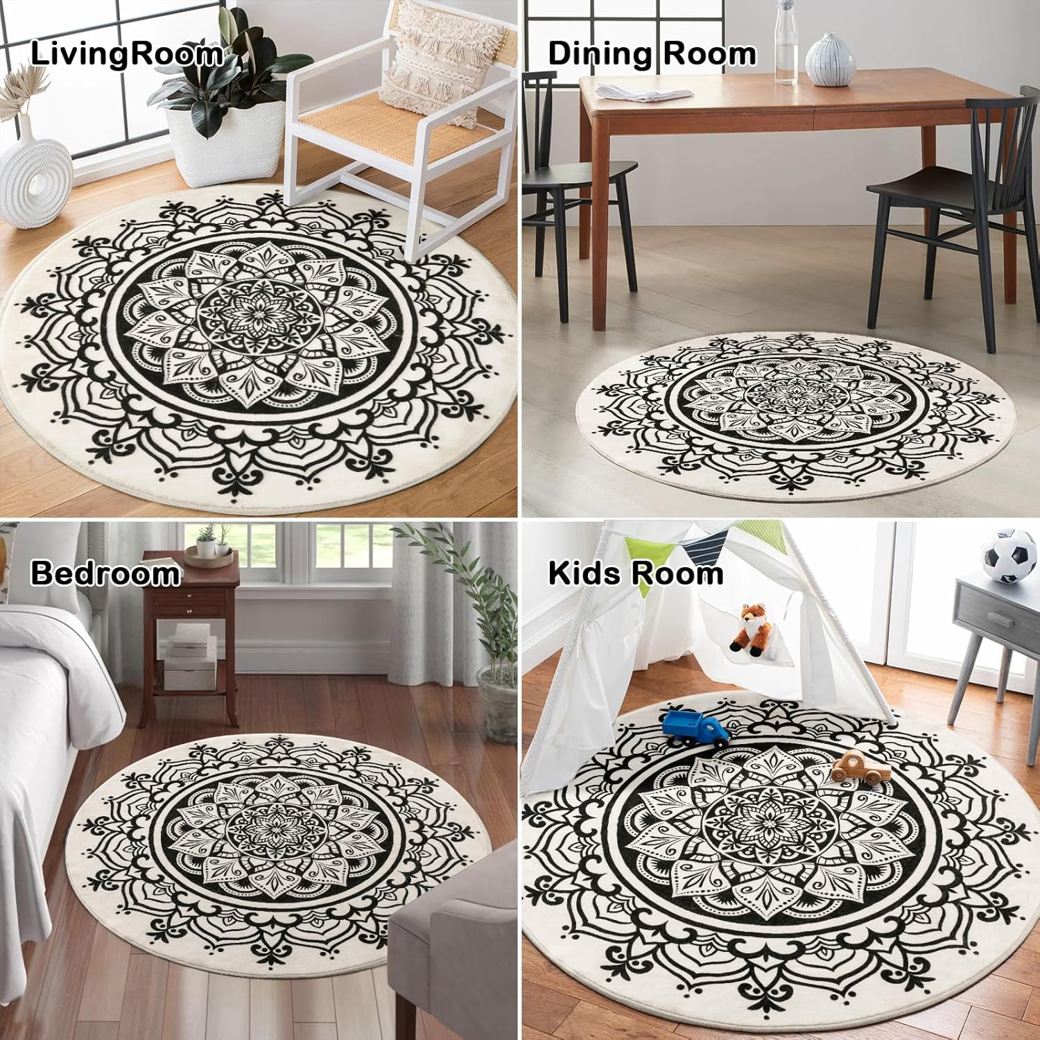 Carvapet Alfombra redonda pequeña de 3 pies con estampado de mandala, antideslizante, lavable a máquina, alfombra suave para tocador, entrada, baño,