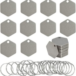StayMax Etiquetas de perro con forma hexagonal, etiquetas clave de acero inoxidable, estampado en blanco, paquete de 25 StayMax Etiquetas de perro con forma hexagonal, etiquetas clave de acero inoxidable, estampado en blanco, paquete de 25