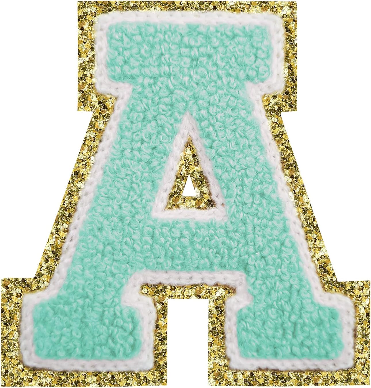 Parches de letras termo-adhesivas de felpilla para chaquetas, parches de letras universitarias con brillantina para planchar en la letra azul A