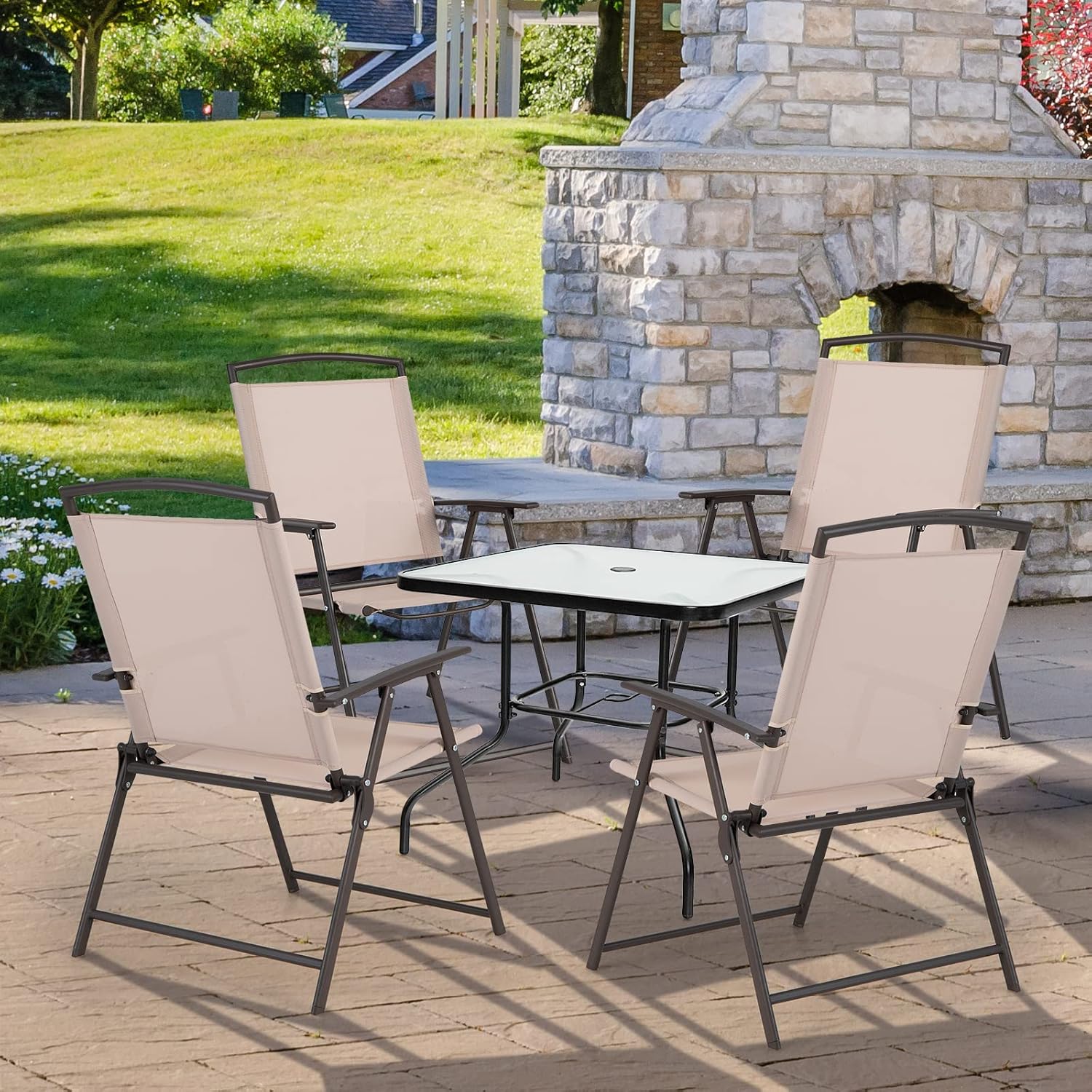 Giantex Juego de 4 sillas plegables para patio  Sillas de exterior con reposabrazos y marco de acero inoxidable, sillas de comedor de patio con tela