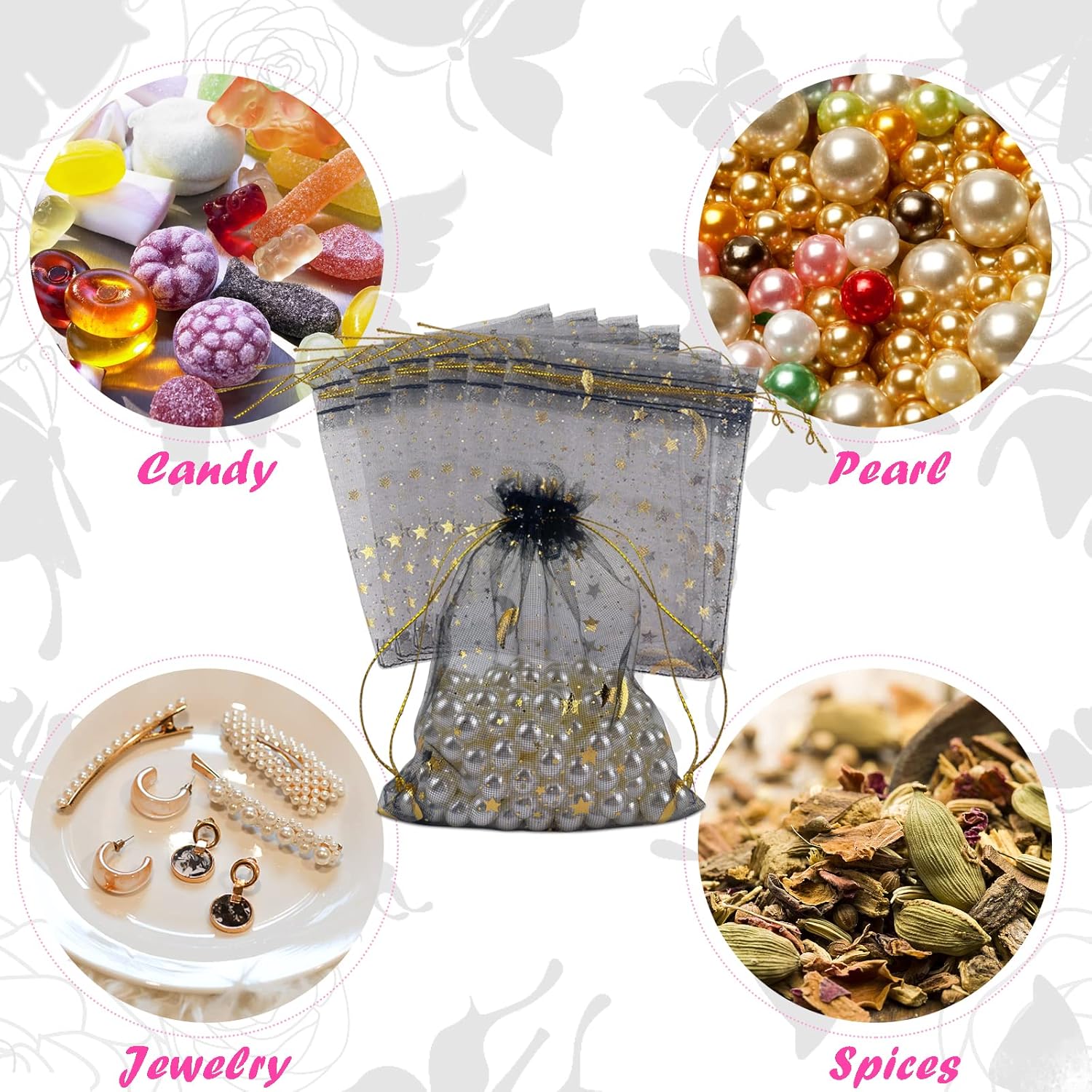 100 bolsas de organza con diseño de estrella y luna, bolsas para joyas, bolsitas para dulces, bolsas de regalo de organza con cordón para bodas,