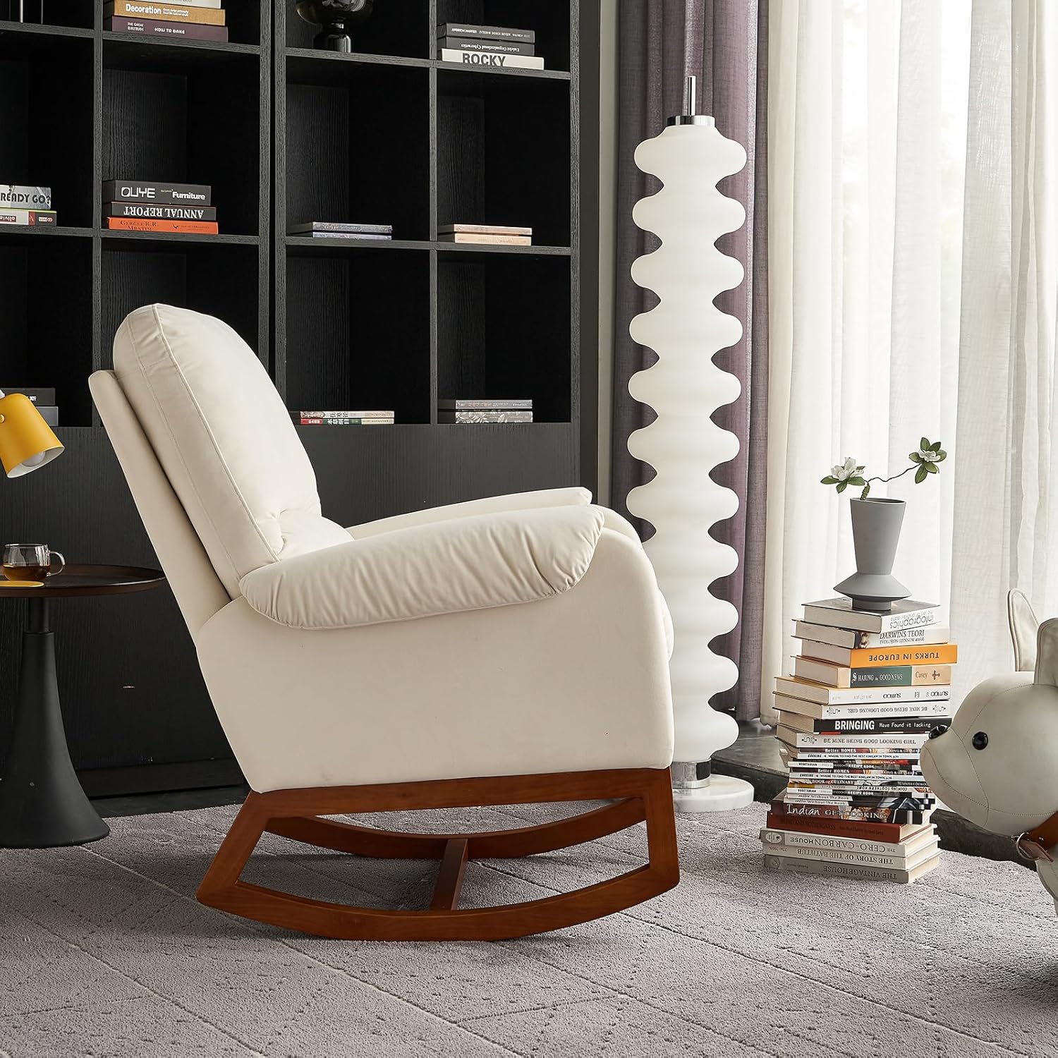 Nursery Rocking Chair,Upholstered Fabric Accent Armchair,Wooden Padded Seat with 2-Side Pocket,Nursing Chair with Rubber Wood Legs,Glider Chair for