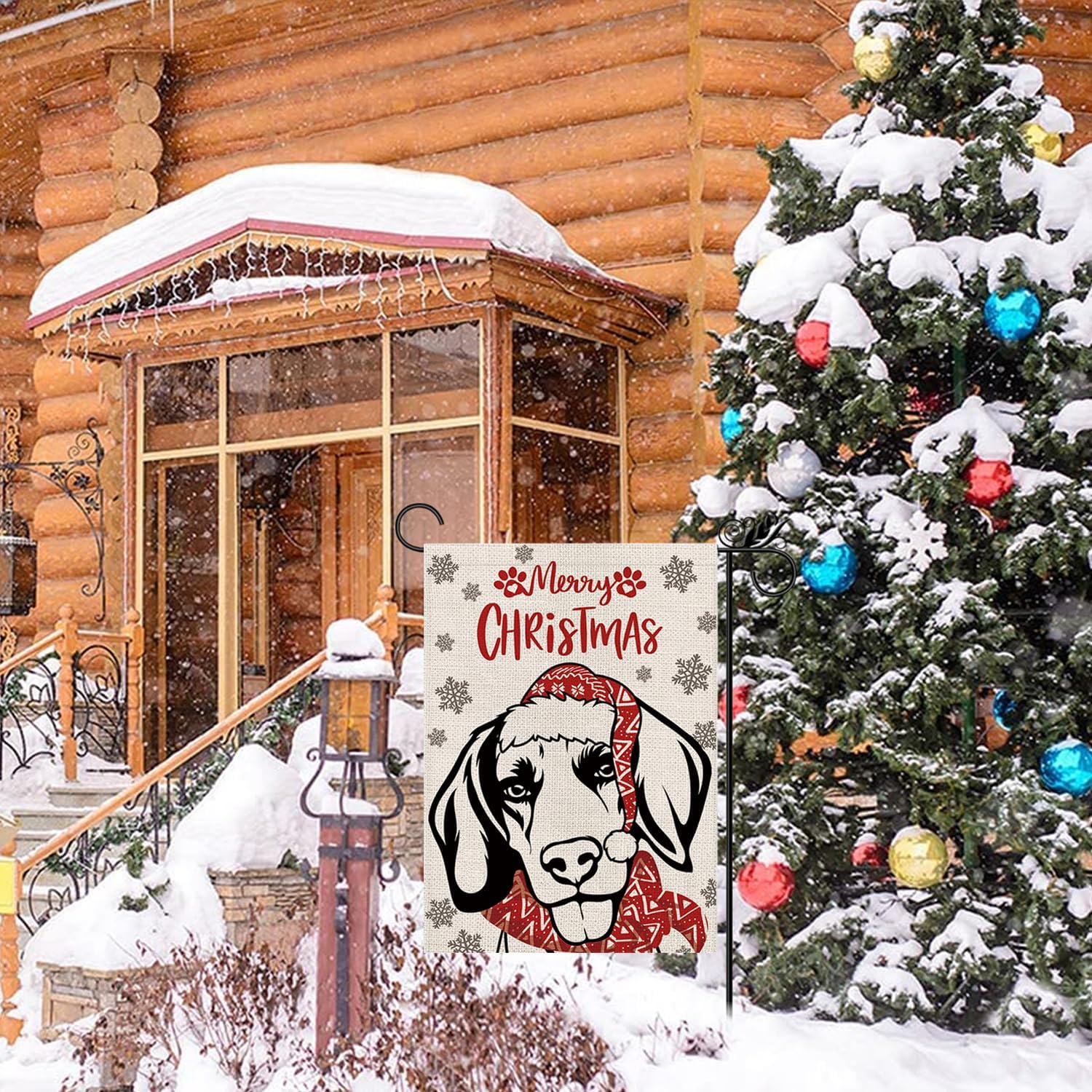 Sombrero de bandera de jardín de Navidad, perro beagle con bufanda, decoración navideña de invierno, vacaciones, arpillera, vertical, doble cara,