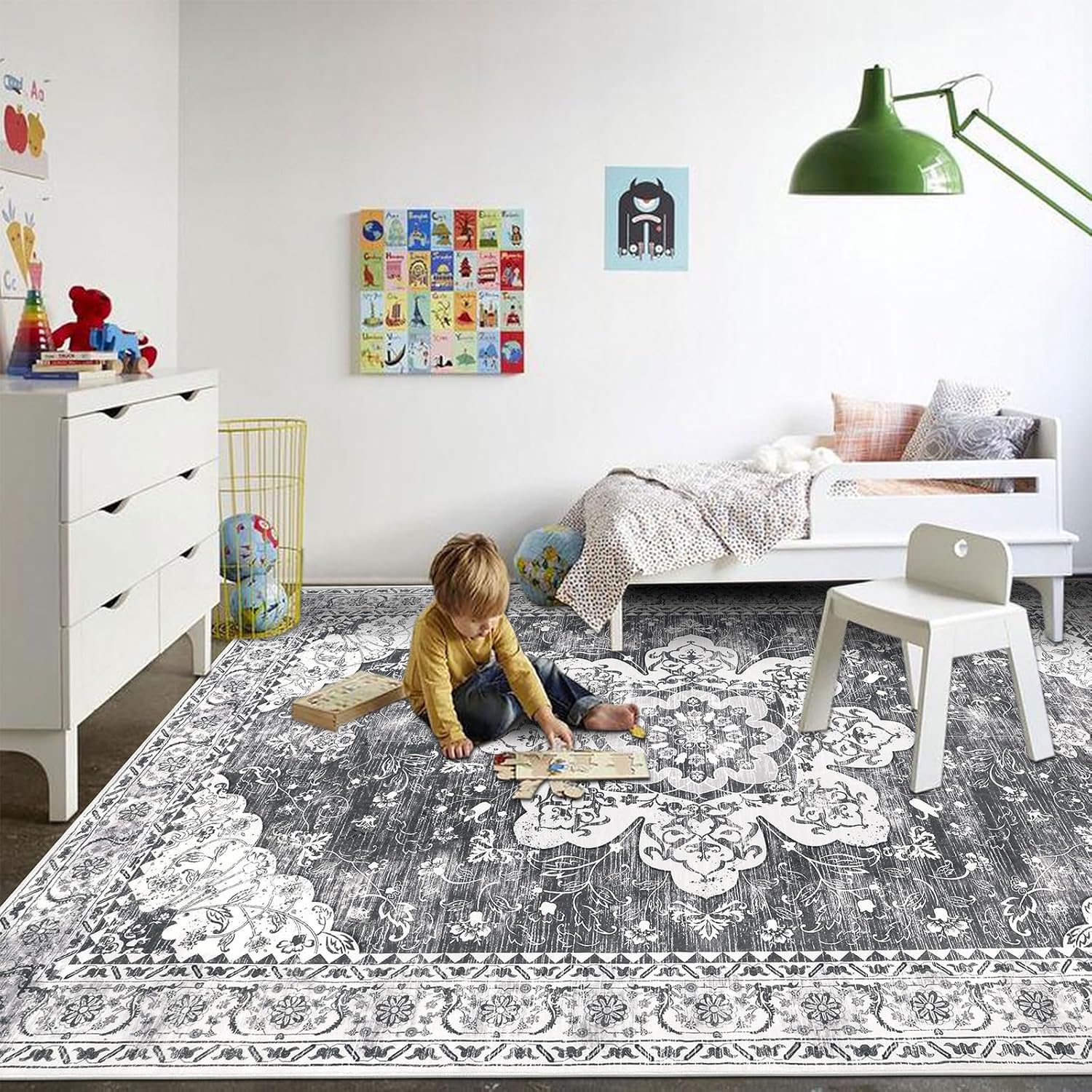 Ileading Alfombra bohemia vintage de 6 x 9 pies, lavable a máquina, de pelo bajo, no desprende pelusa, antideslizante, para dormitorio, comedor,